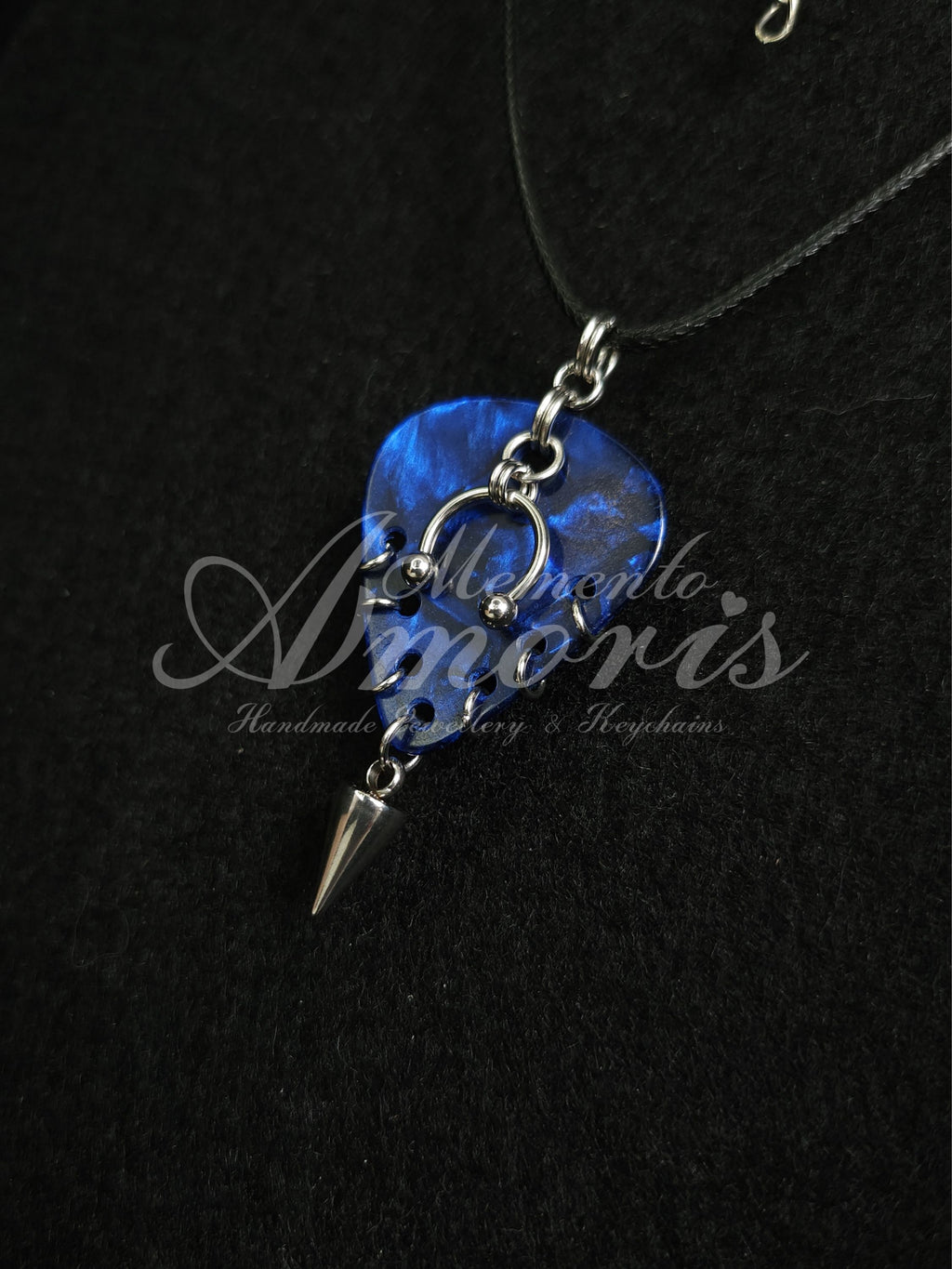 Plectrum Necklace 'Pierced and spiked' in dark blue, silver