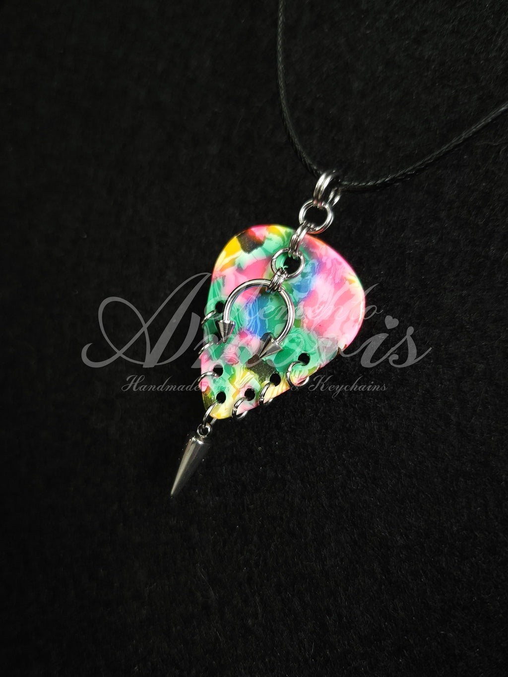 Plectrum Necklace 'Pierced and spiked' in rainbow, silver