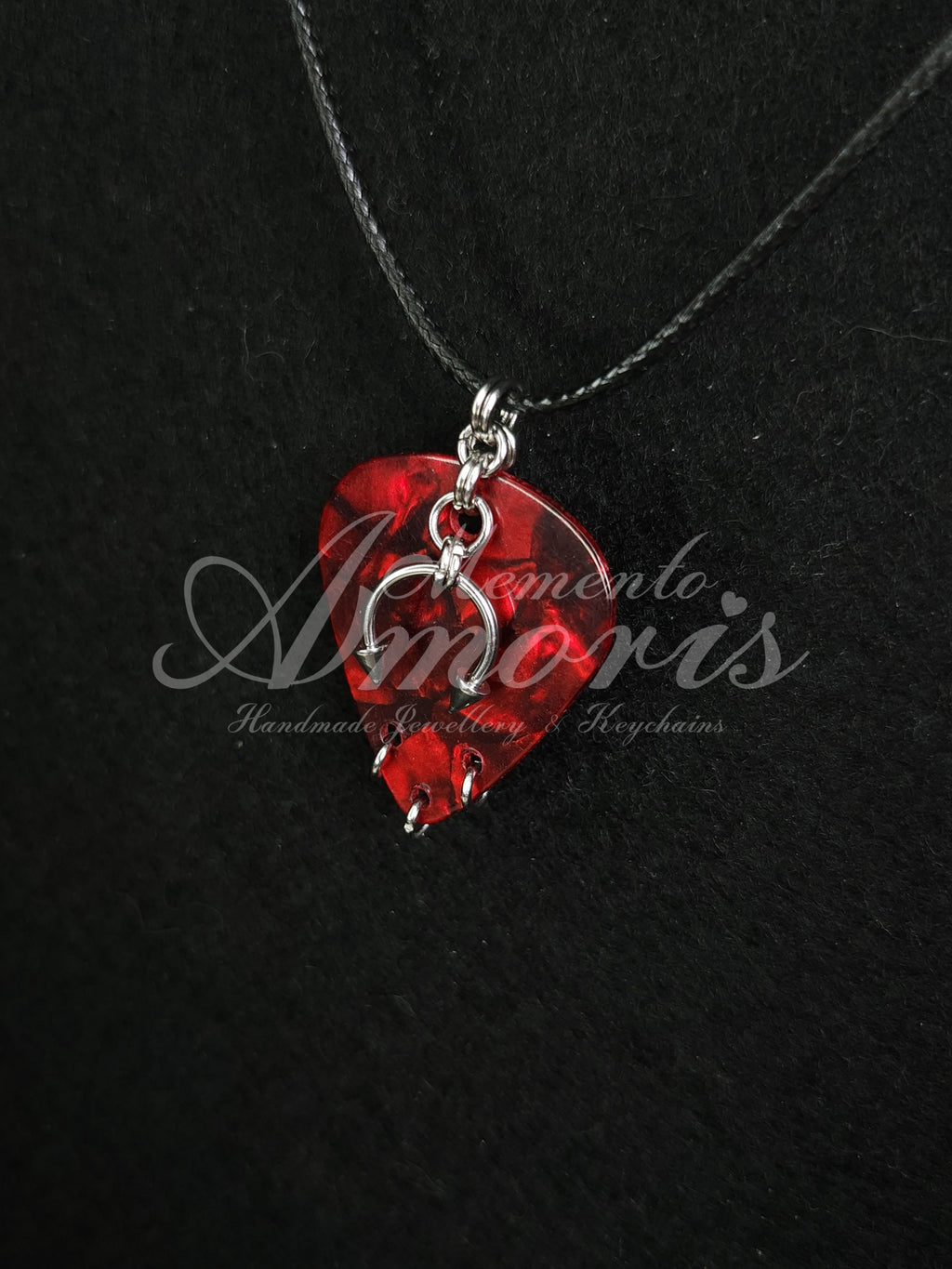 Plectrum Necklace 'Pierced x3' in red, silver