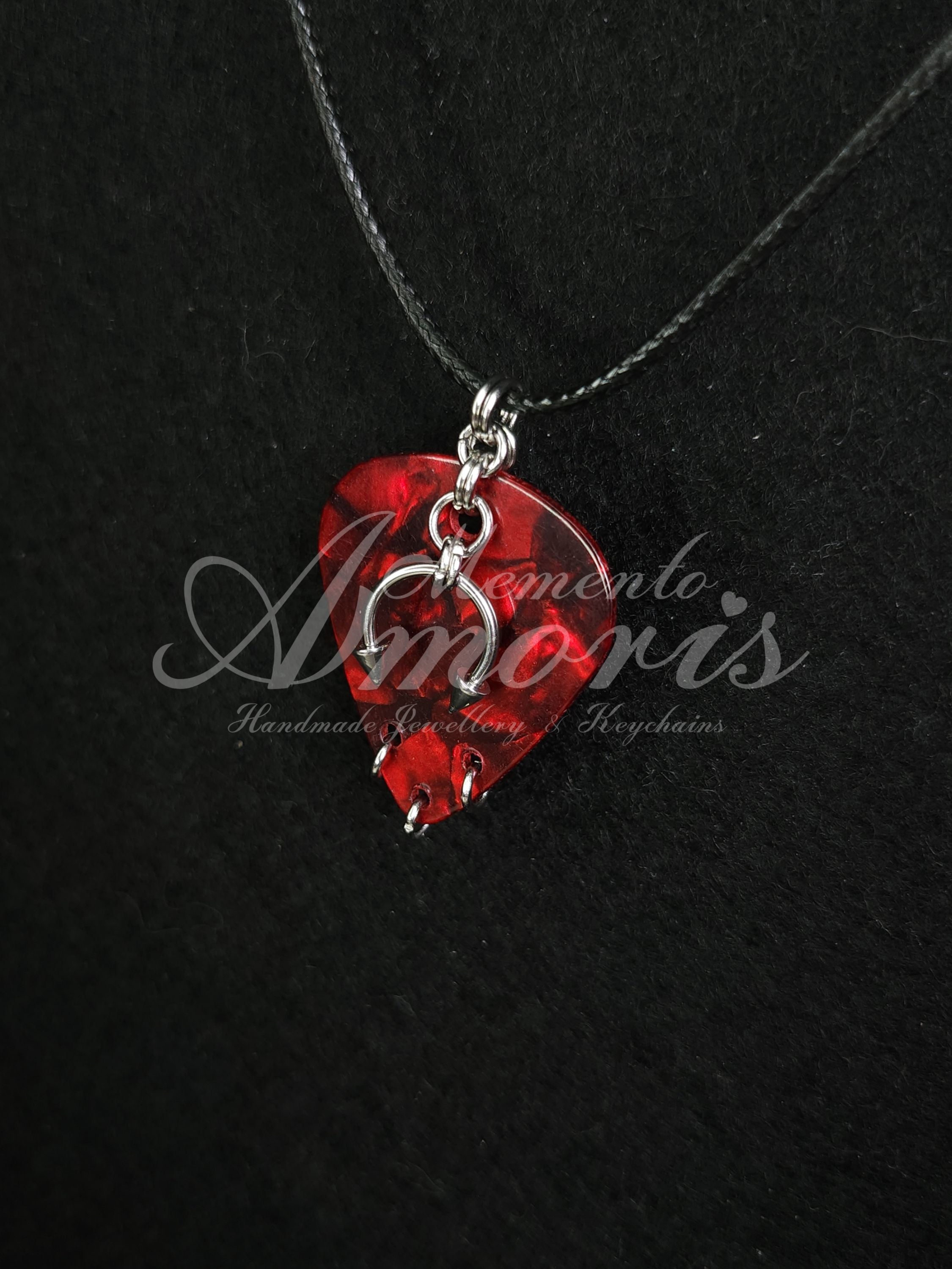 Plectrum Necklace 'Pierced x3' in red, silver