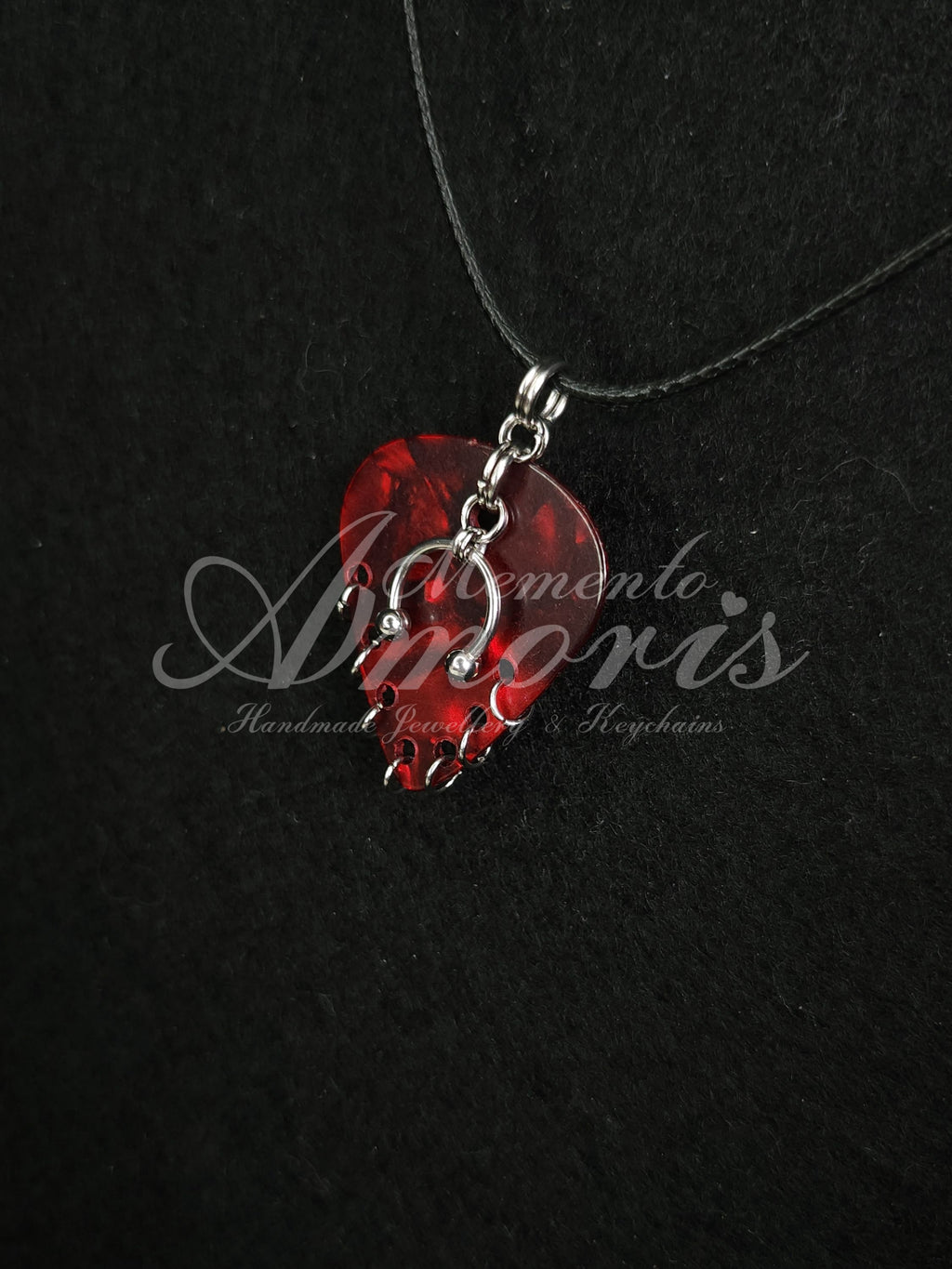 Plectrum Necklace 'Pierced x7' in red, silver