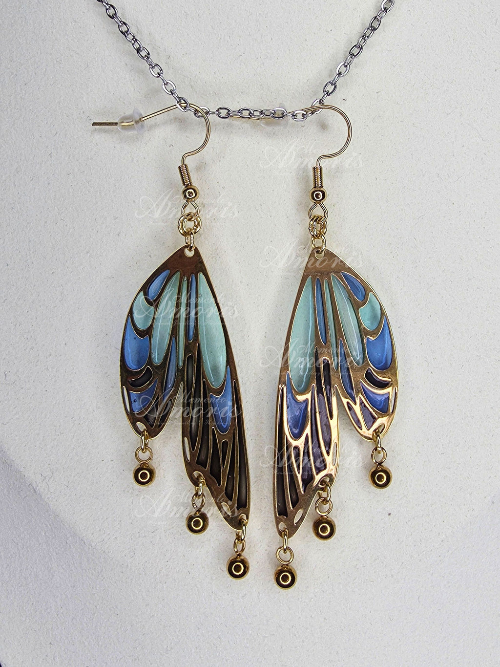 Butterfly Wing Earrings in gold, blue