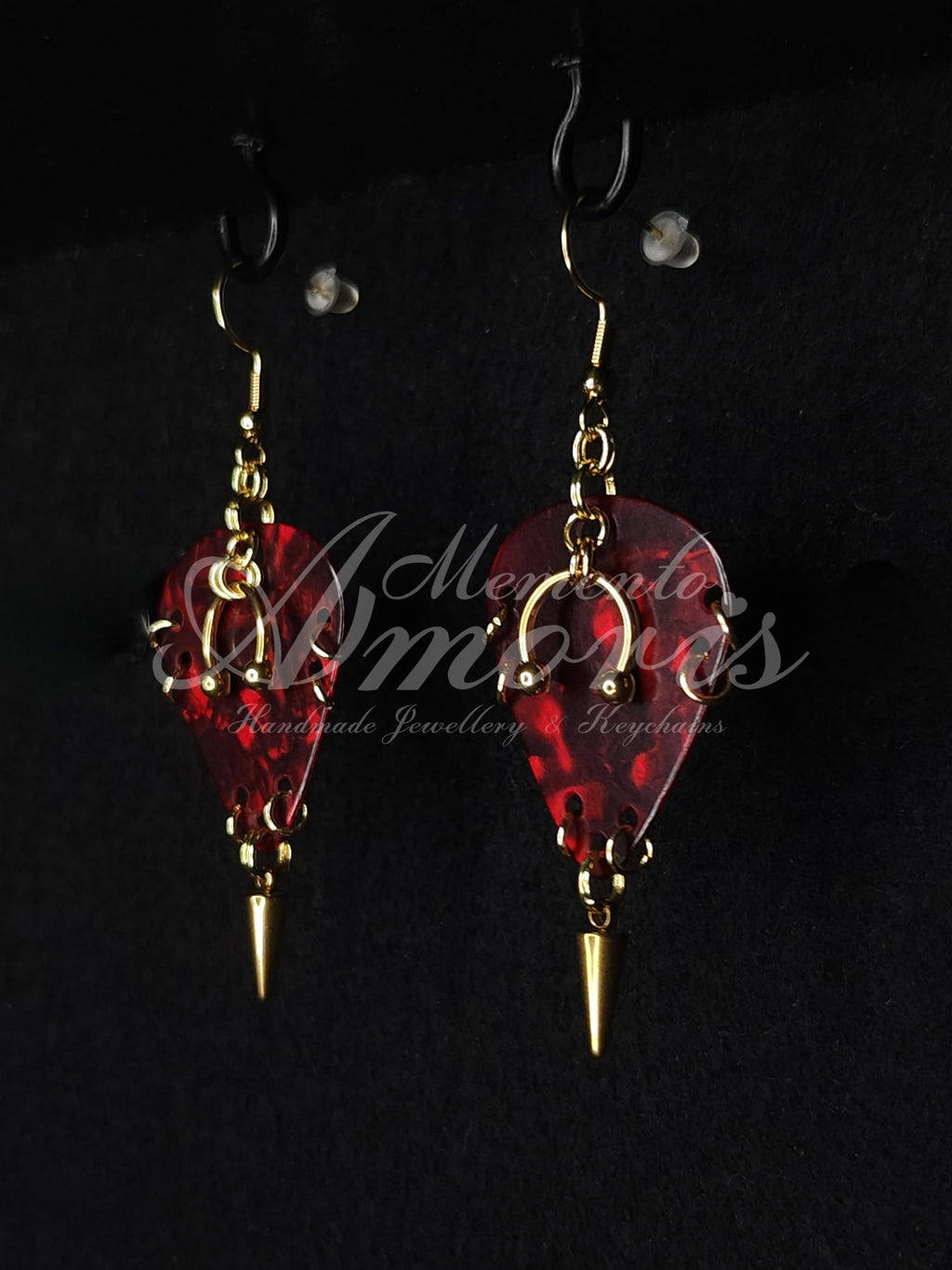 Plectrum Earrings 'Pierced and spiked' in red, gold