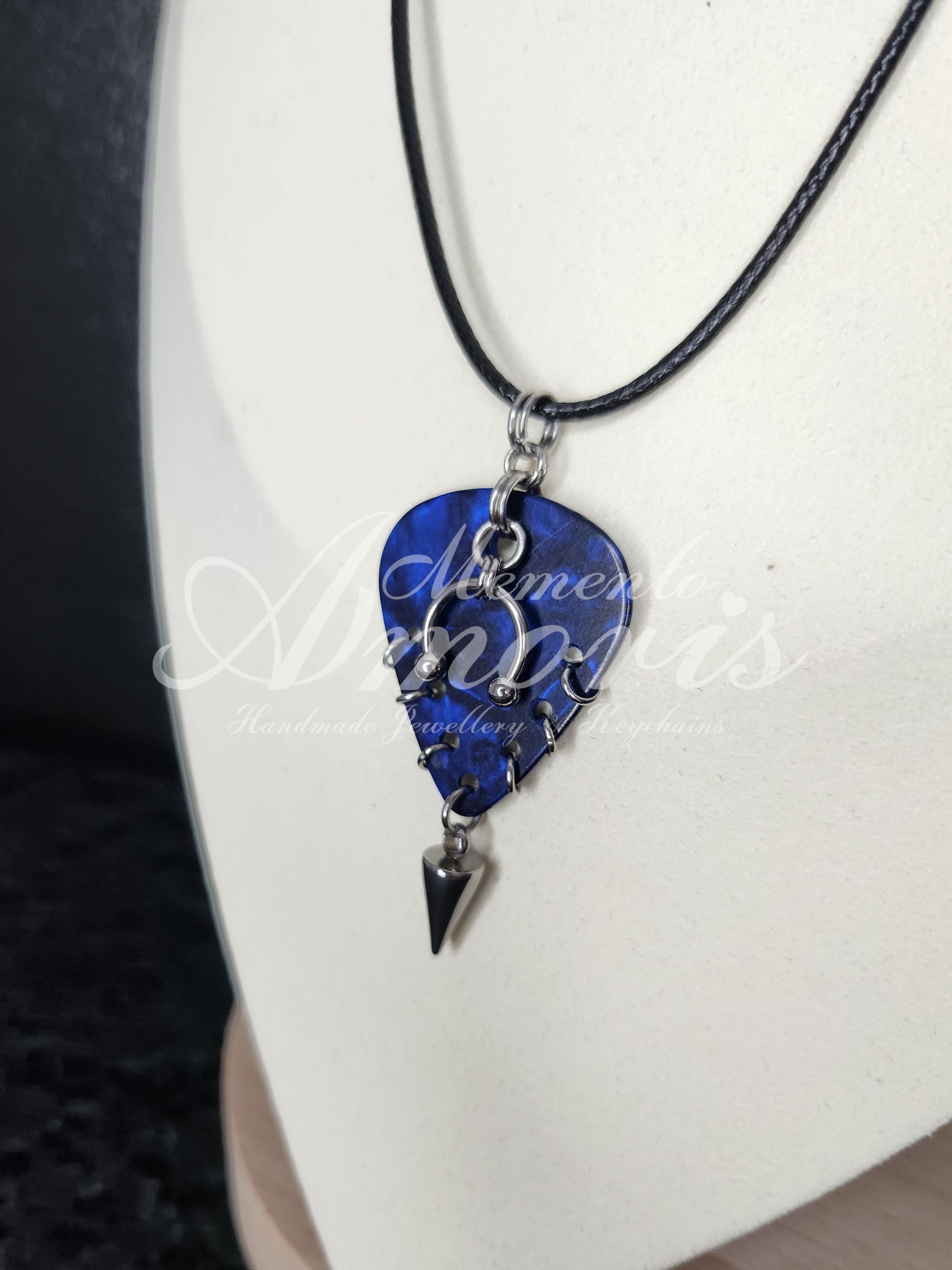 Plectrum Necklace 'Pierced and spiked' in dark blue, silver