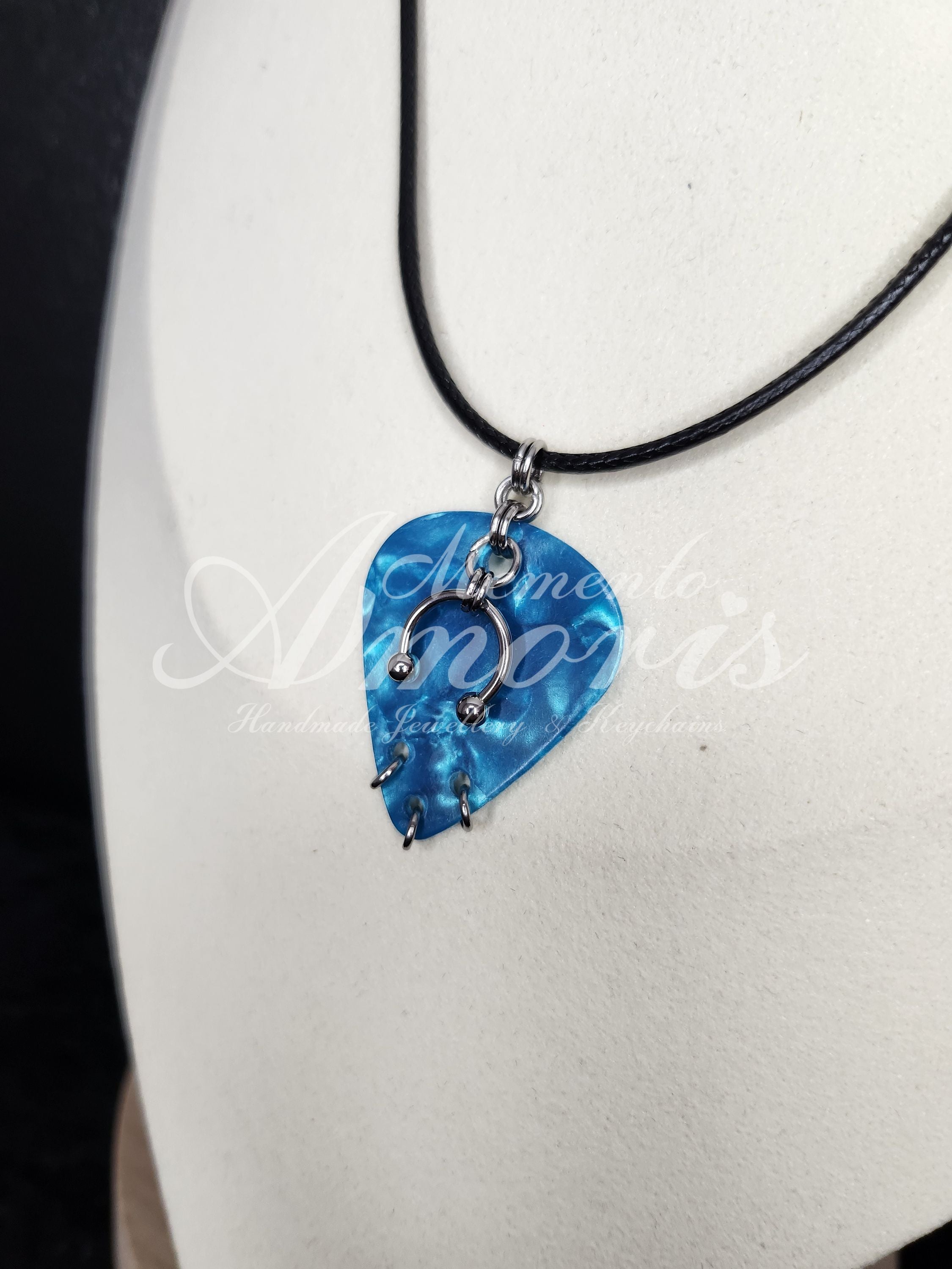 Plectrum Necklace 'Pierced x3' in blue, silver