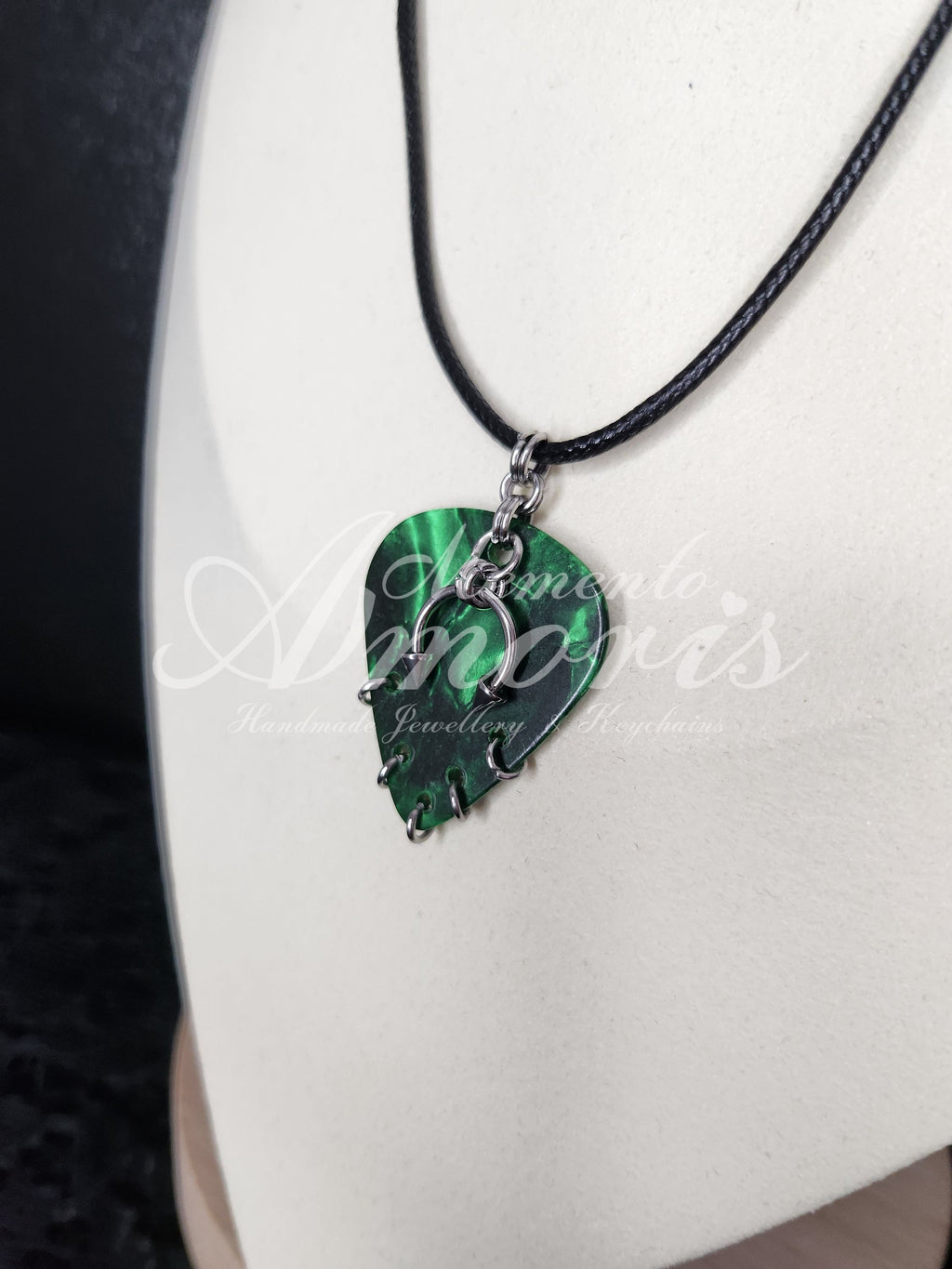 Plectrum Necklace 'Pierced x5' in green, silver