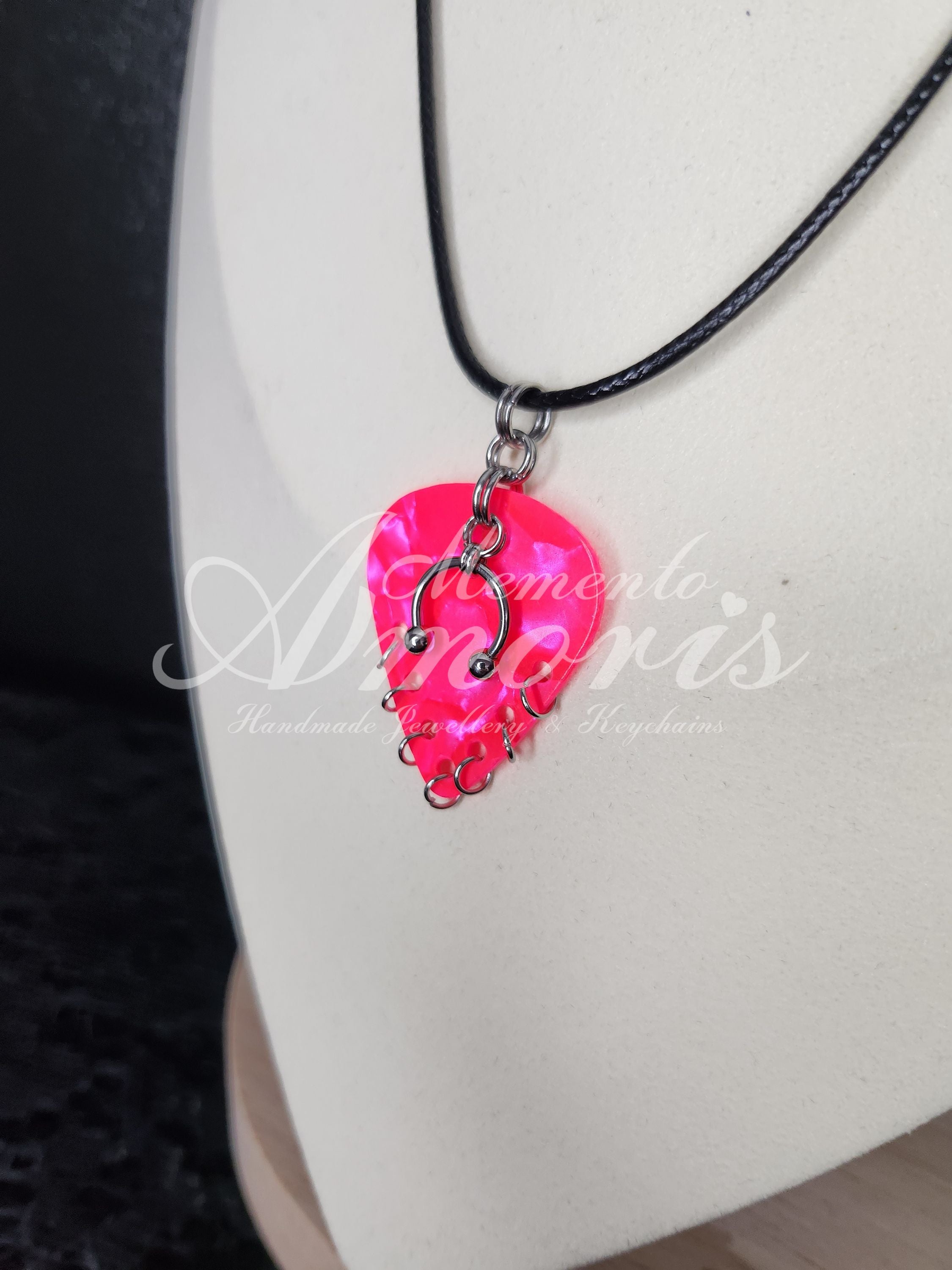 Plectrum Necklace 'Pierced x7' in pink, silver