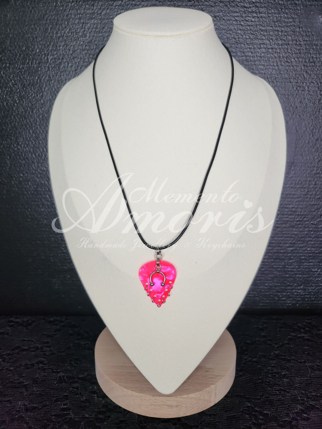 Plectrum Necklace 'Pierced x7' in pink, silver