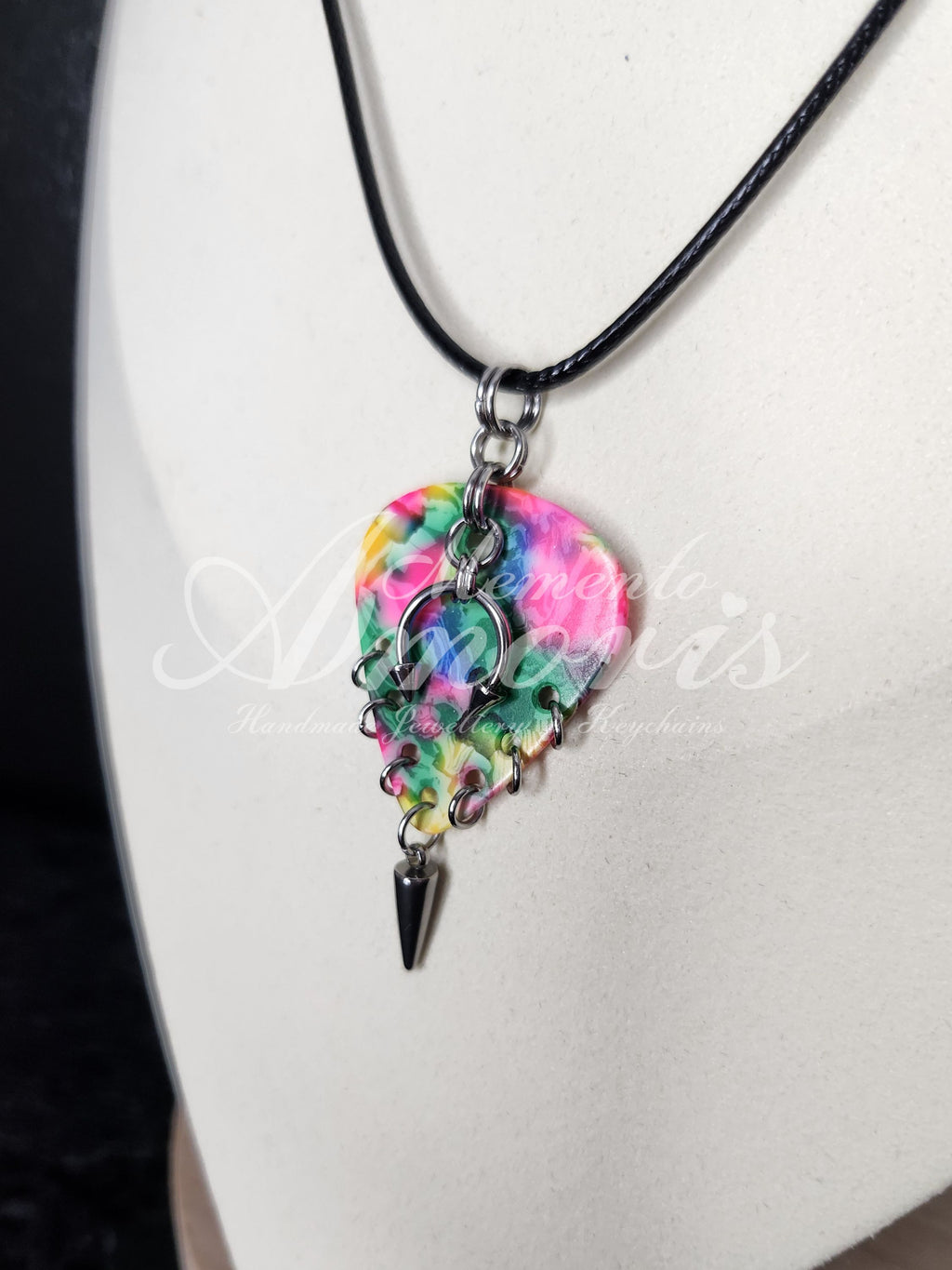 Plectrum Necklace 'Pierced and spiked' in rainbow, silver