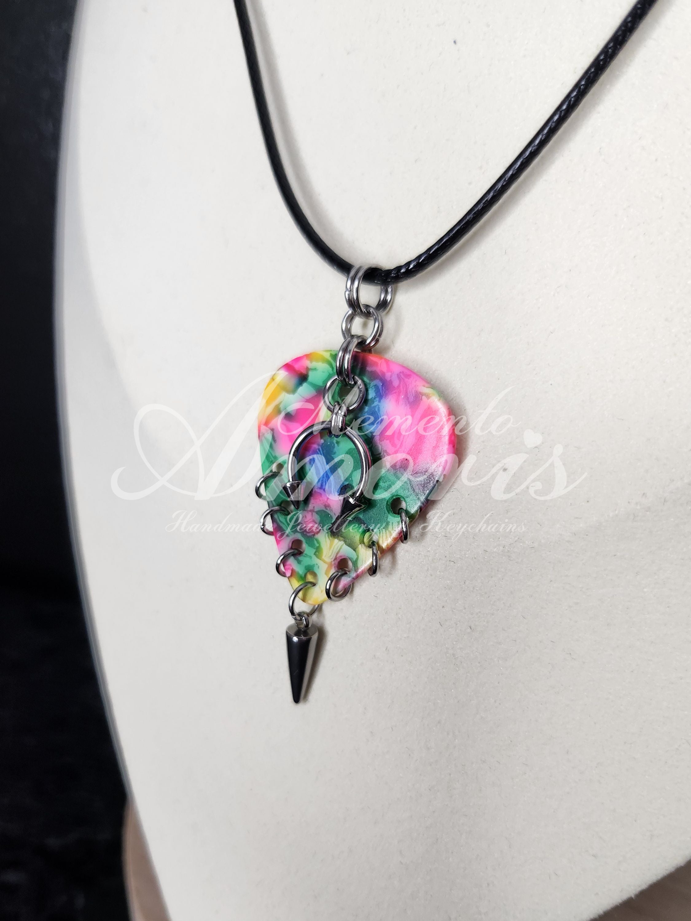 Plectrum Necklace 'Pierced and spiked' in rainbow, silver