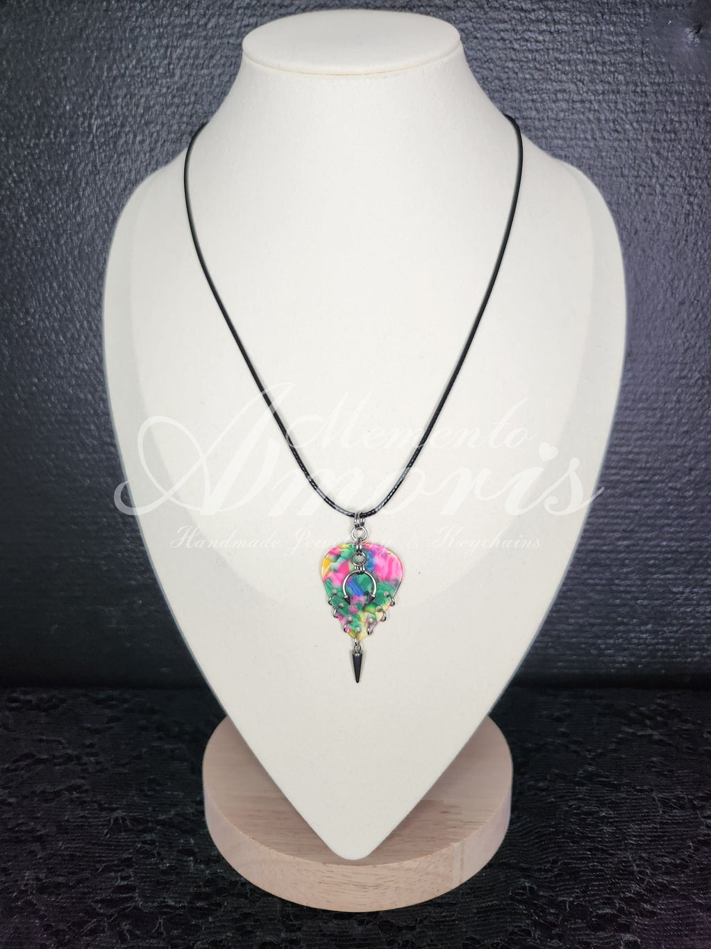 Plectrum Necklace 'Pierced and spiked' in rainbow, silver