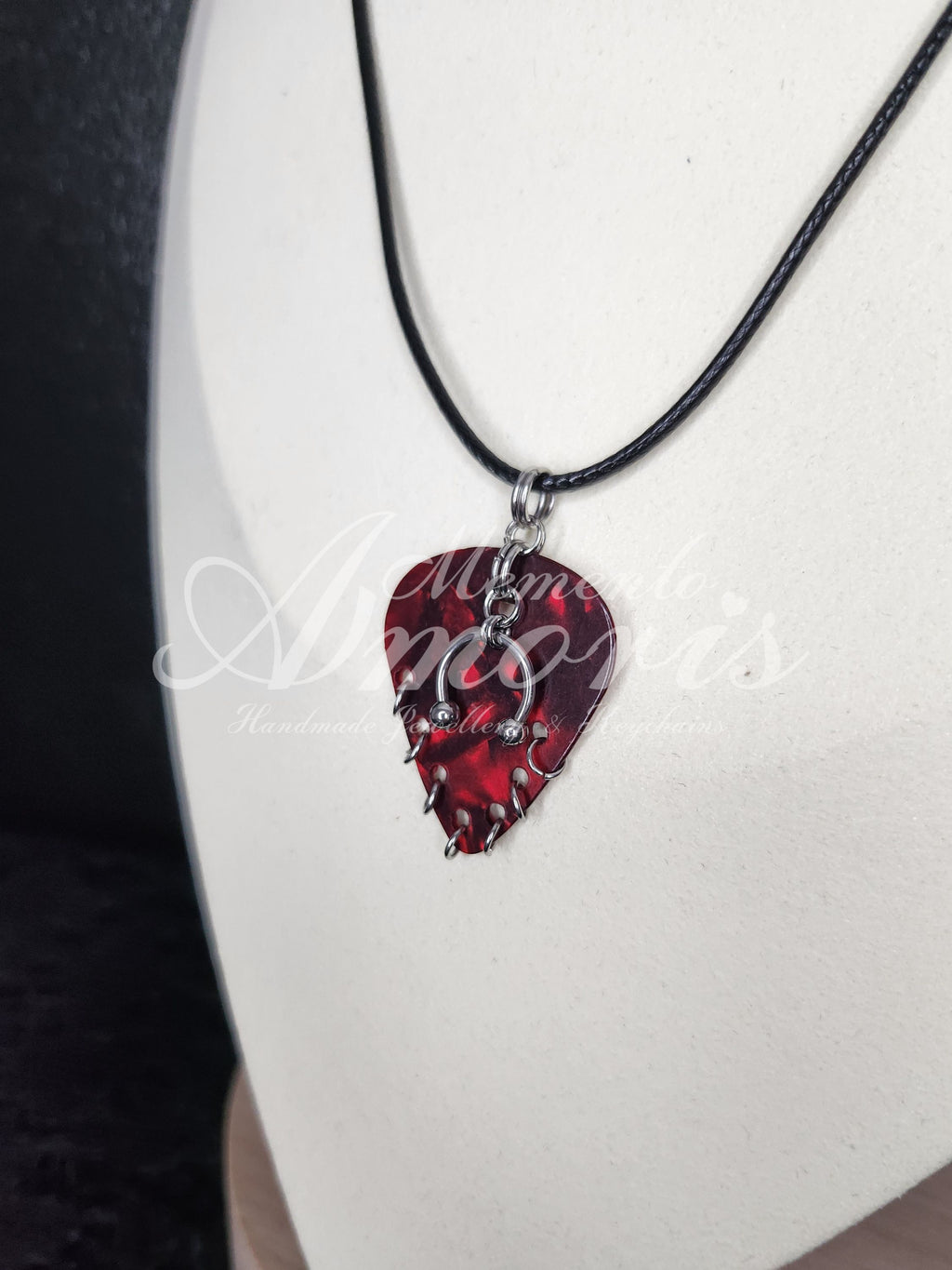 Plectrum Necklace 'Pierced x7' in red, silver