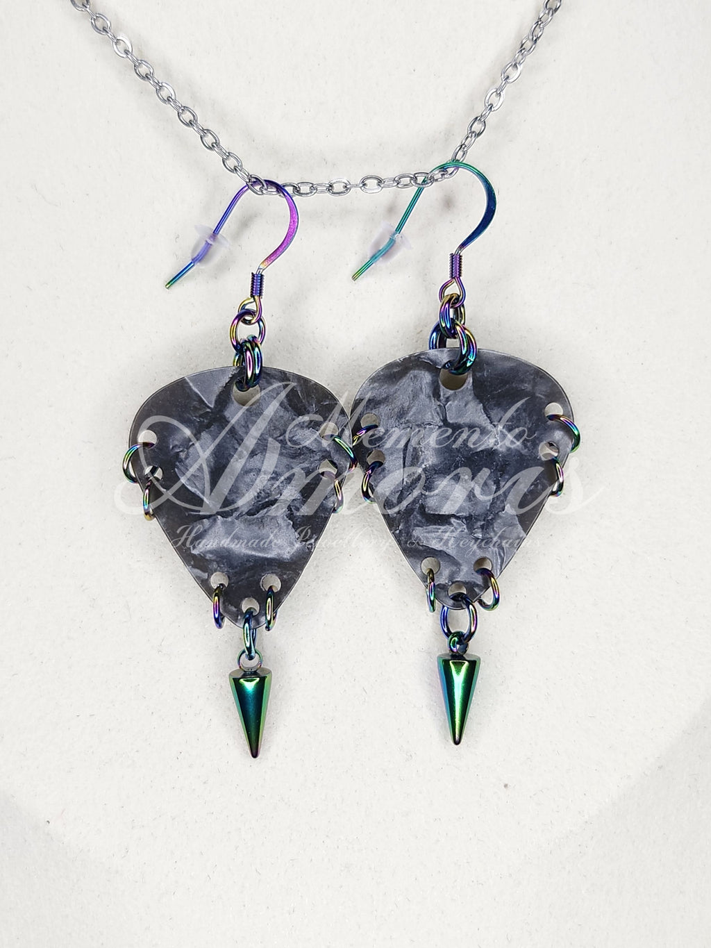 Plectrum Earrings 'Spiked' in grey, rainbow