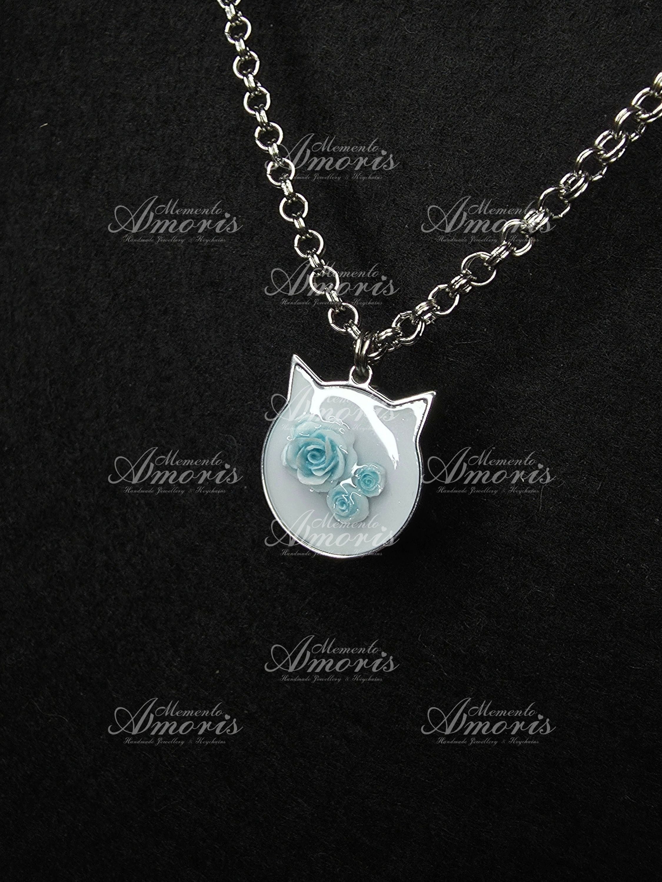 Blue Rose Kitty Charm Necklace