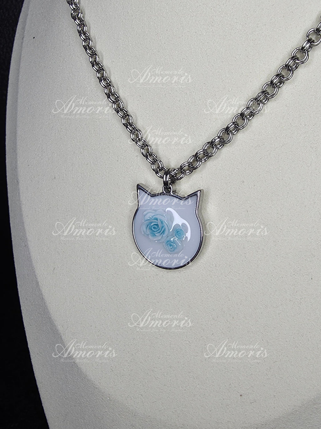 Blue Rose Kitty Charm Necklace