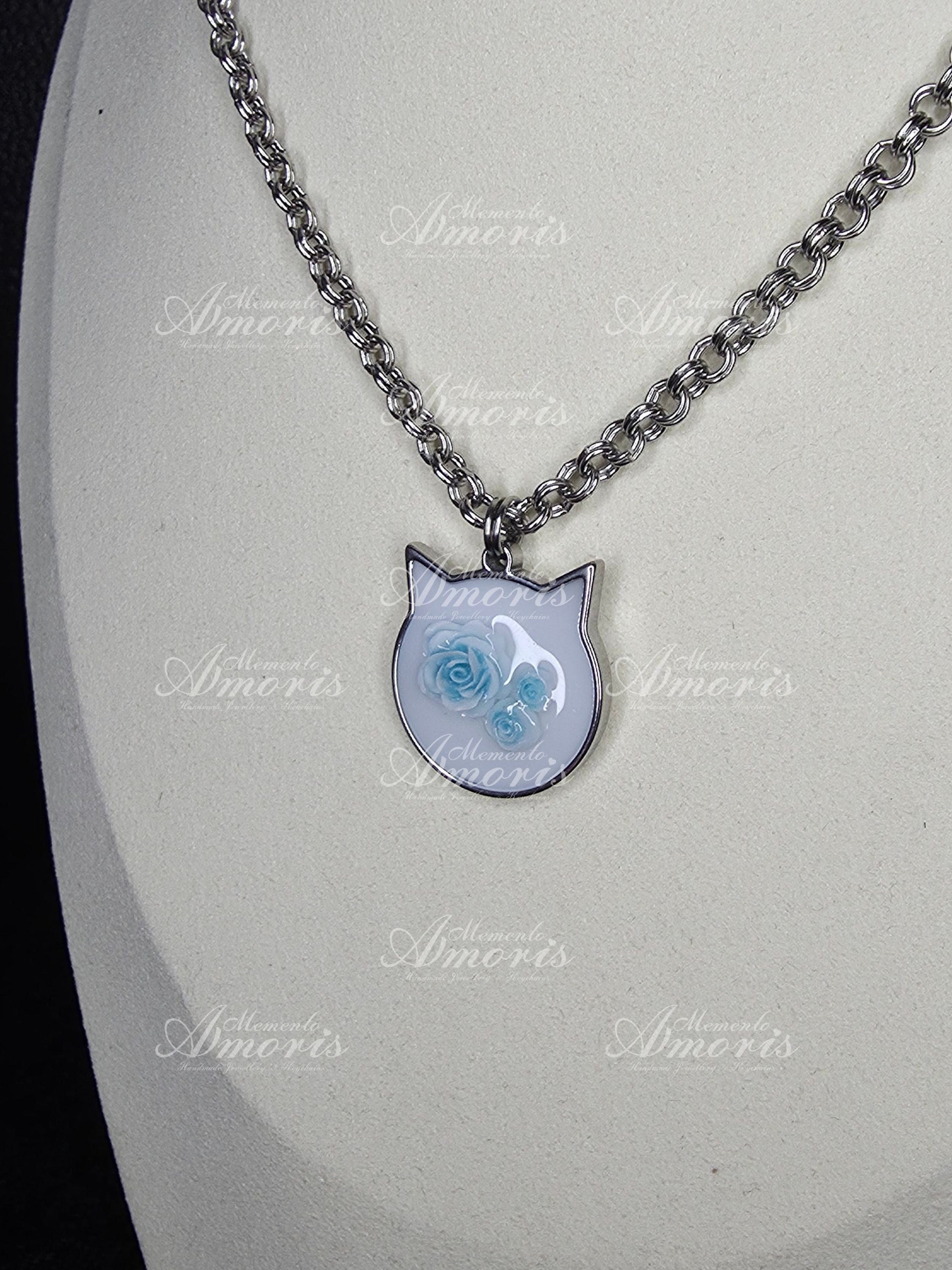 Blue Rose Kitty Charm Necklace