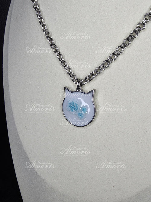 Blue Rose Kitty Charm Necklace
