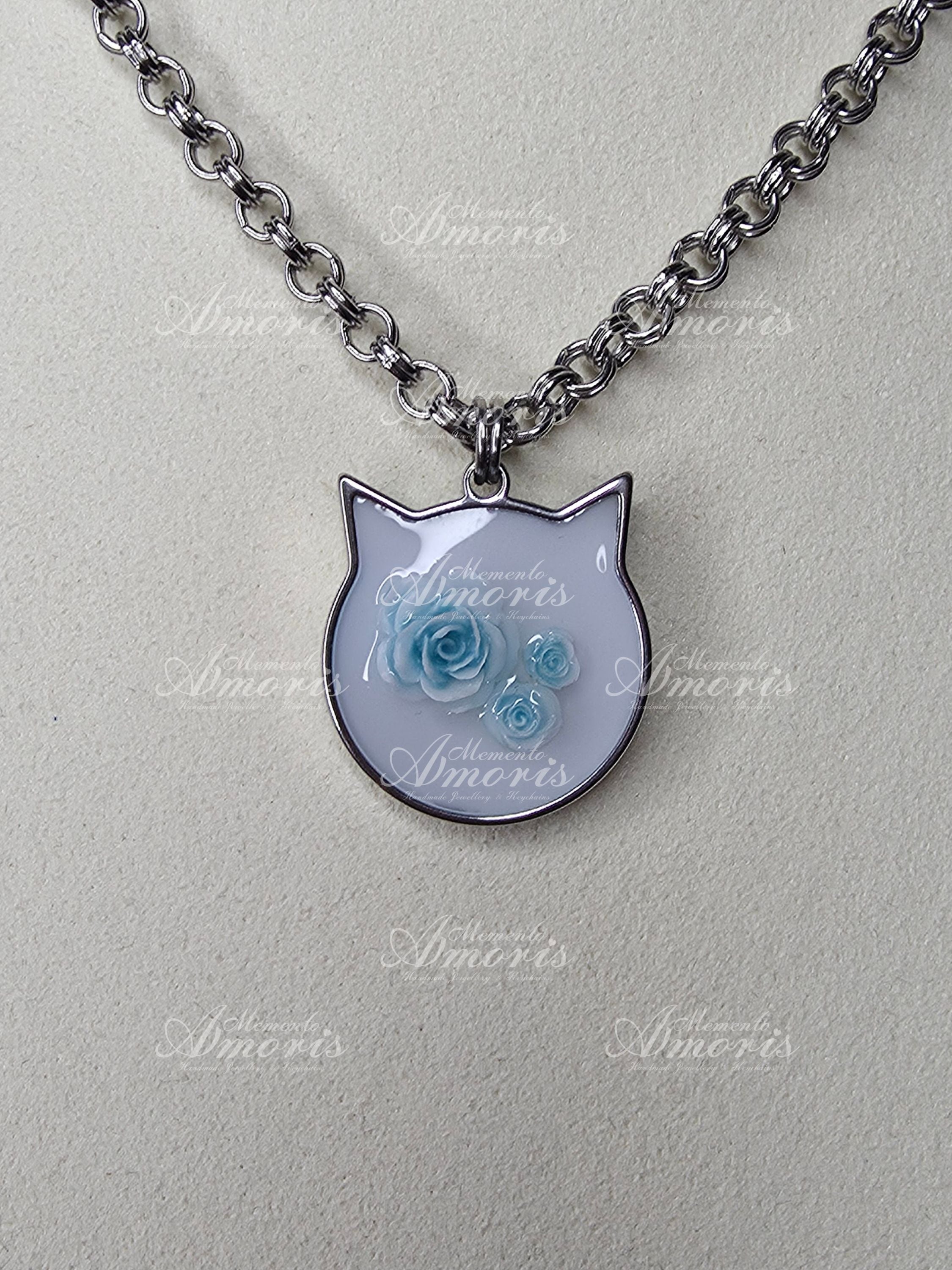 Blue Rose Kitty Charm Necklace