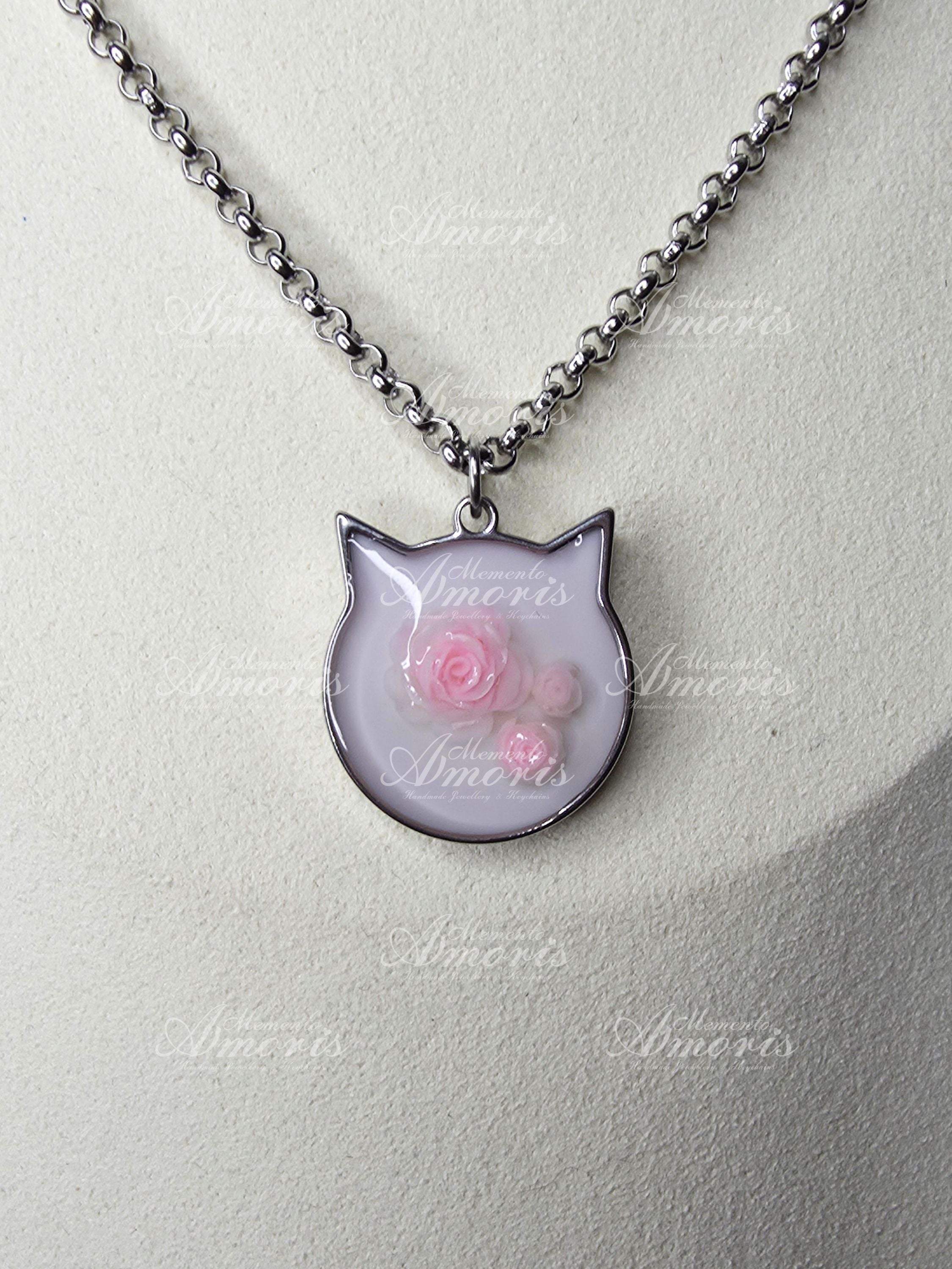Pink Rose Kitty Charm Necklace