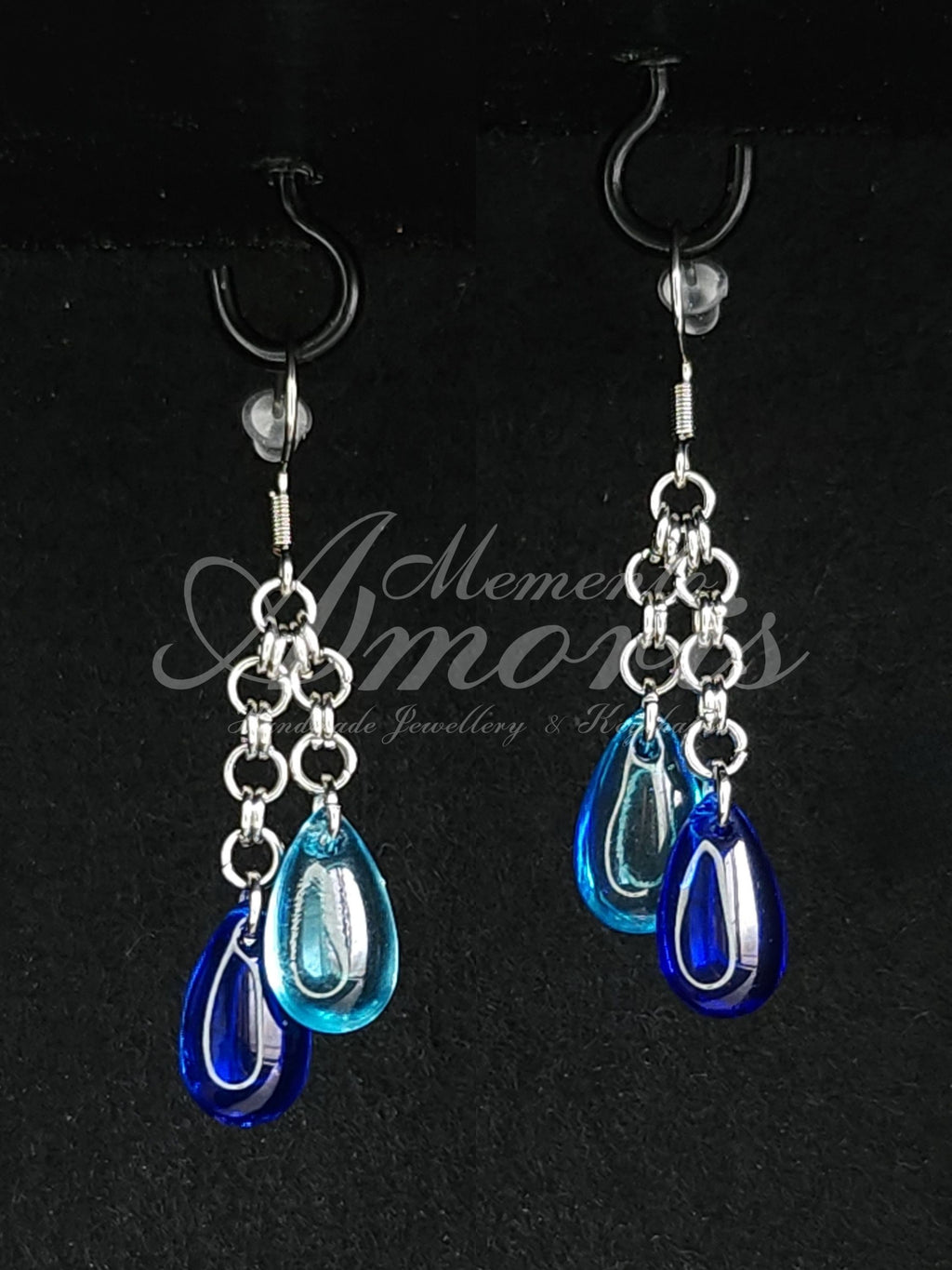 Chained Double Drop Earrings in silver, blue