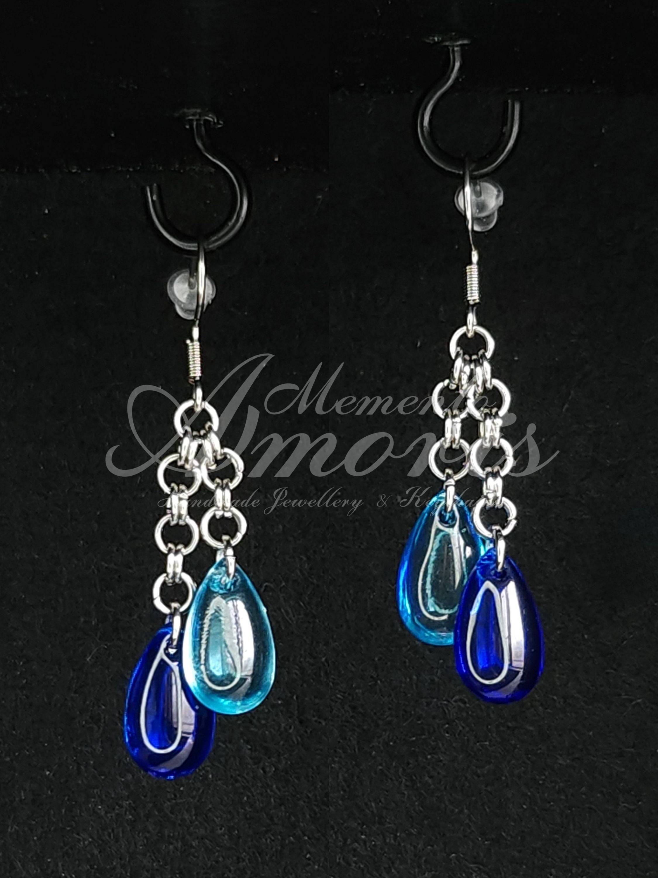 Chained Double Drop Earrings in silver, blue