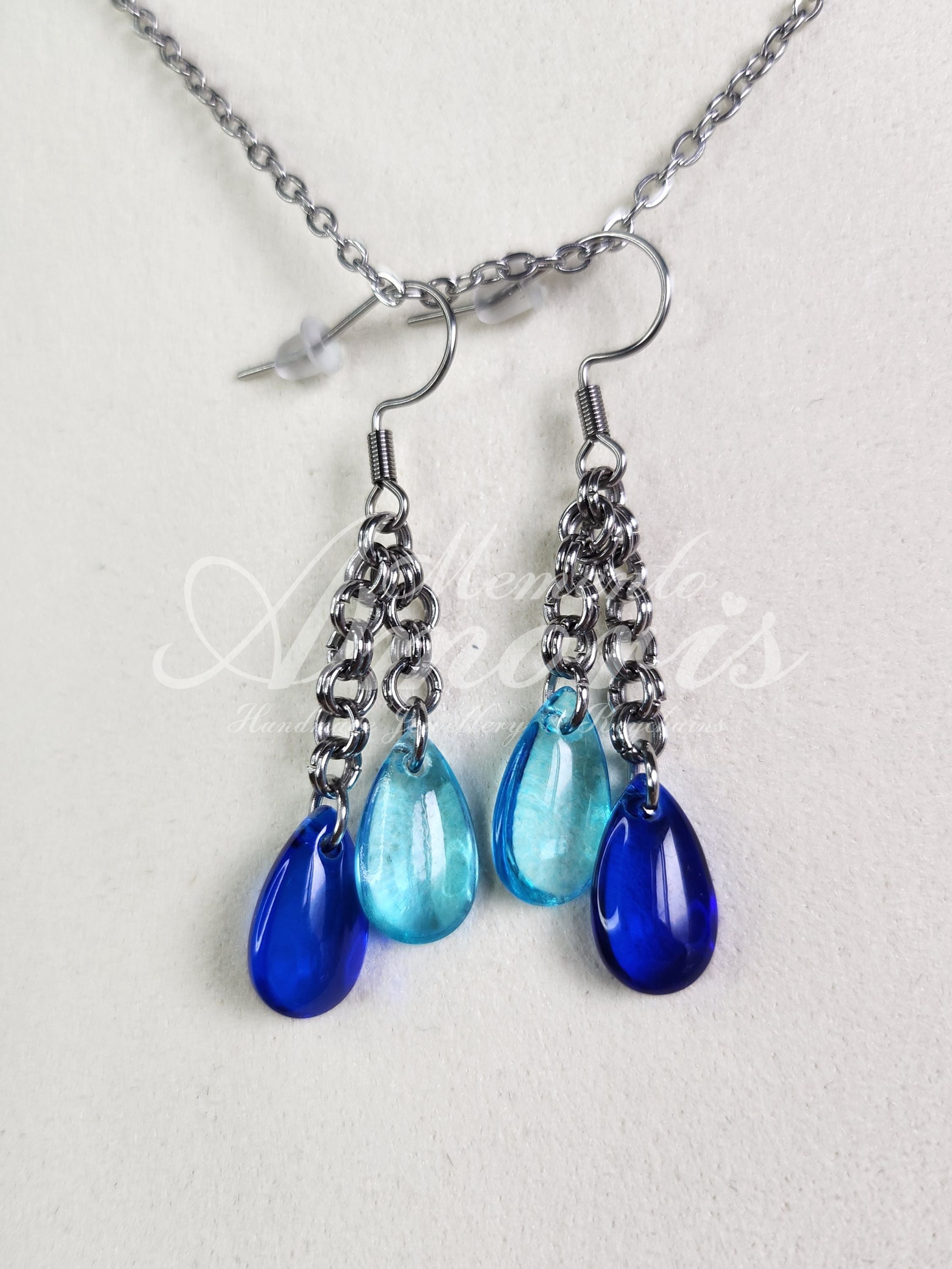 Chained Double Drop Earrings in silver, blue