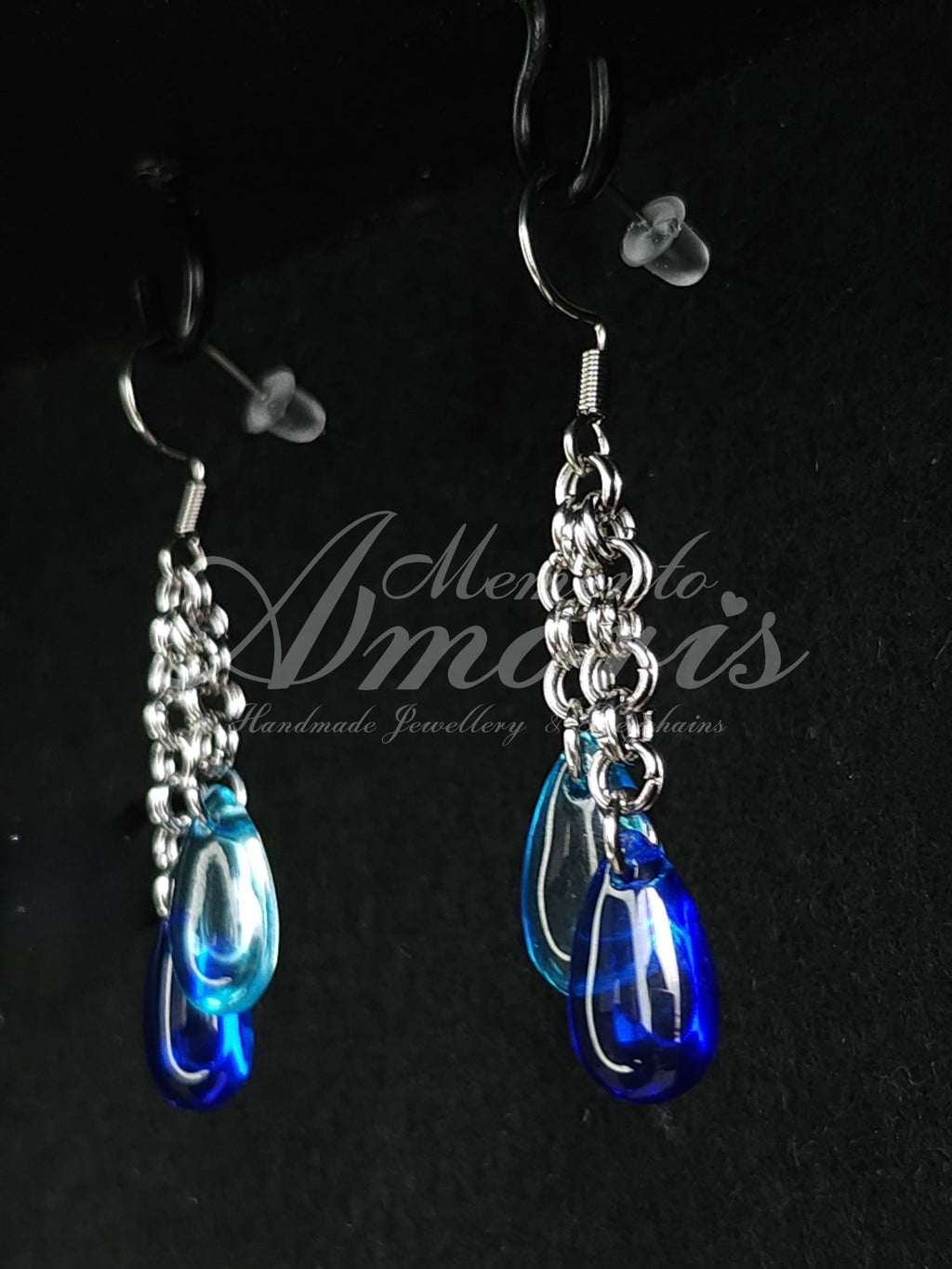 Chained Double Drop Earrings in silver, blue