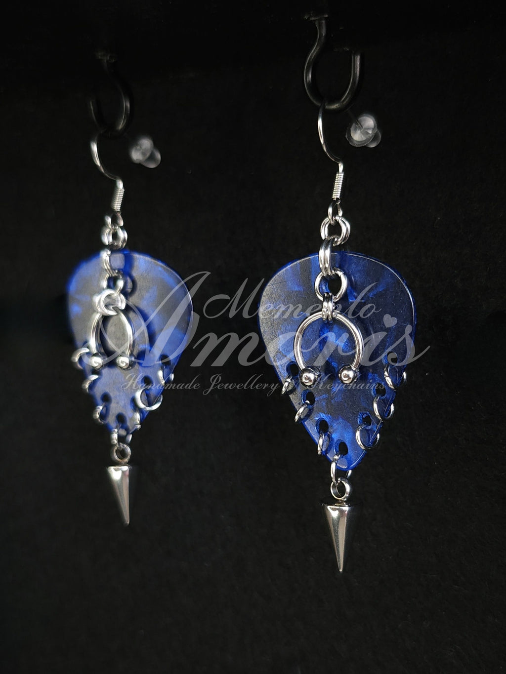 Plectrum Earrings 'Pierced and spiked' in dark blue, silver