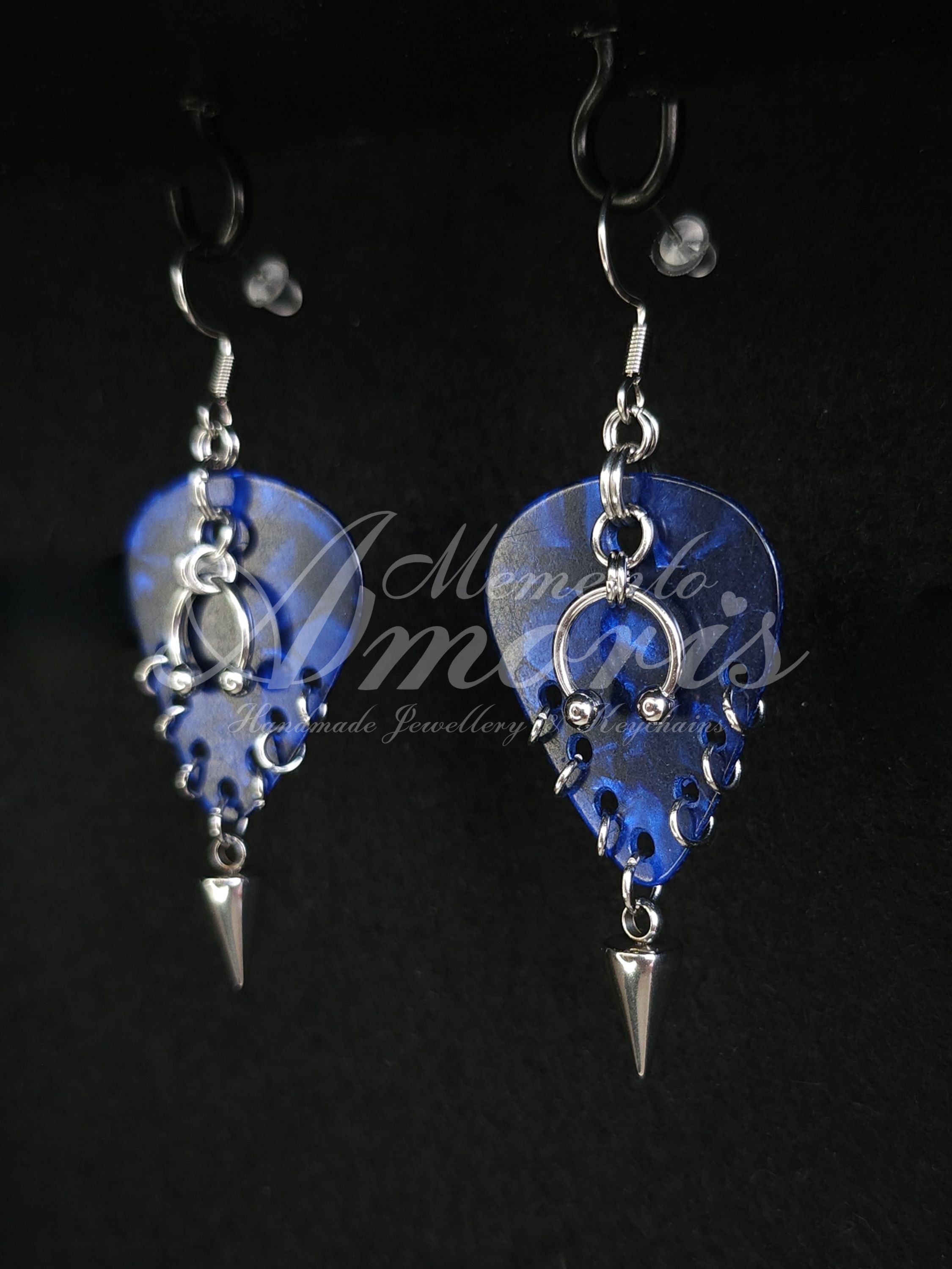 Plectrum Earrings 'Pierced and spiked' in dark blue, silver