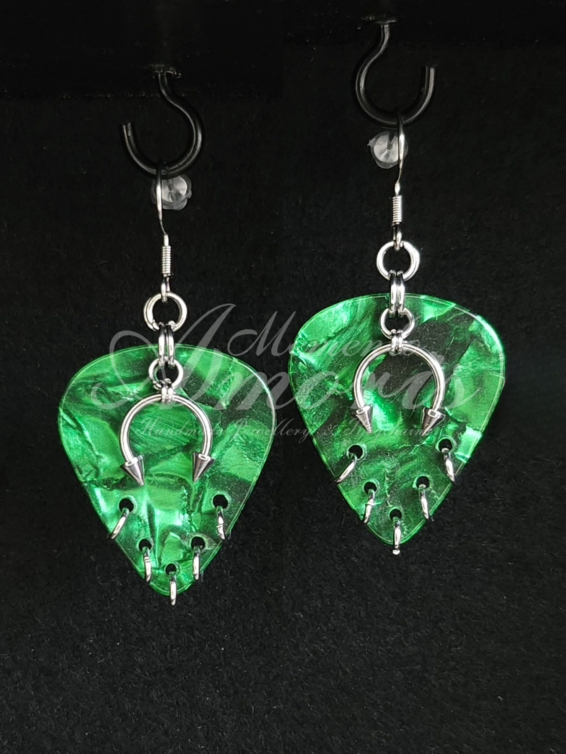 Plectrum Earrings 'Pierced x5' in green, silver