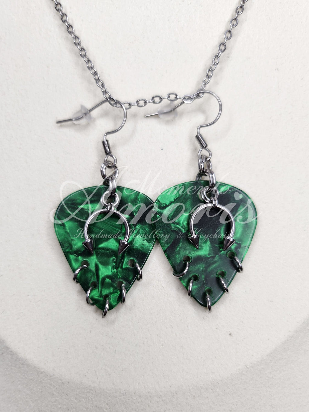 Plectrum Earrings 'Pierced x5' in green, silver
