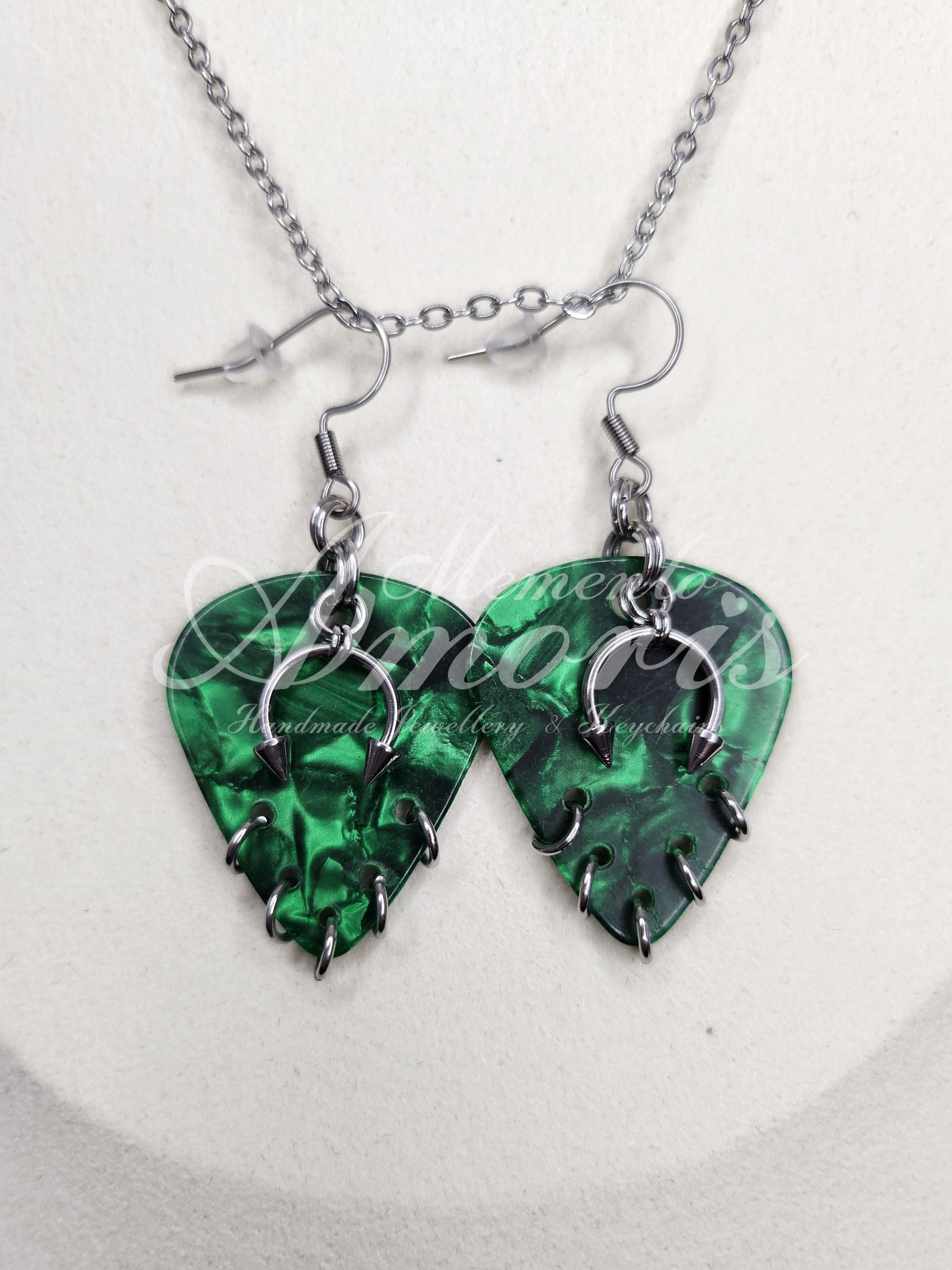 Plectrum Earrings 'Pierced x5' in green, silver
