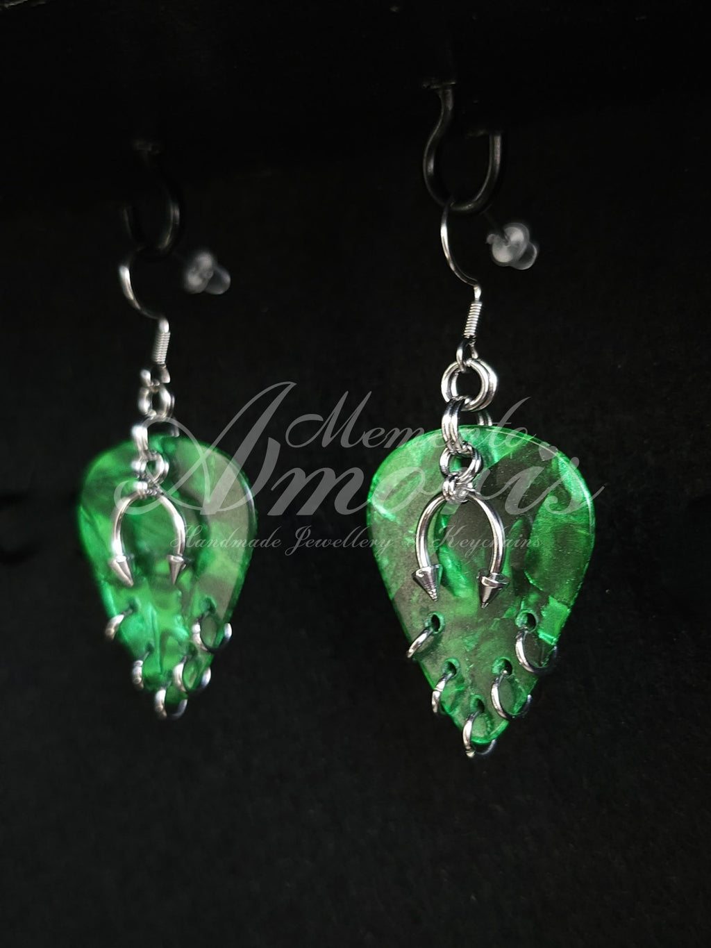 Plectrum Earrings 'Pierced x5' in green, silver