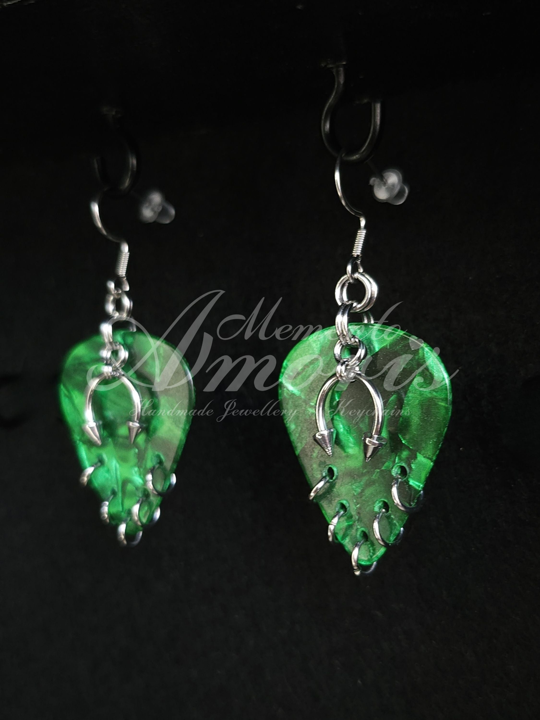 Plectrum Earrings 'Pierced x5' in green, silver