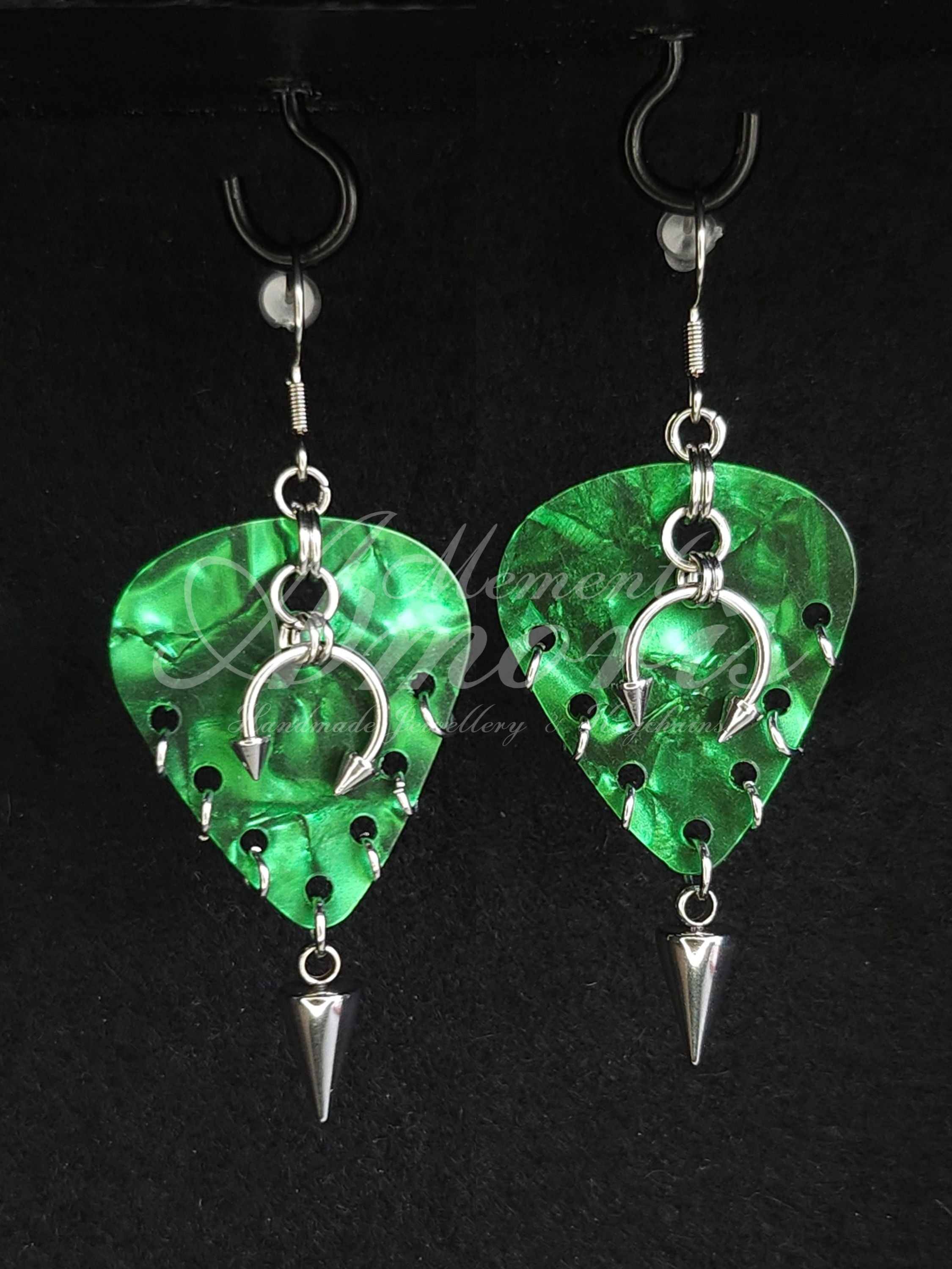 Plectrum Earrings 'Pierced and spiked' in green, silver