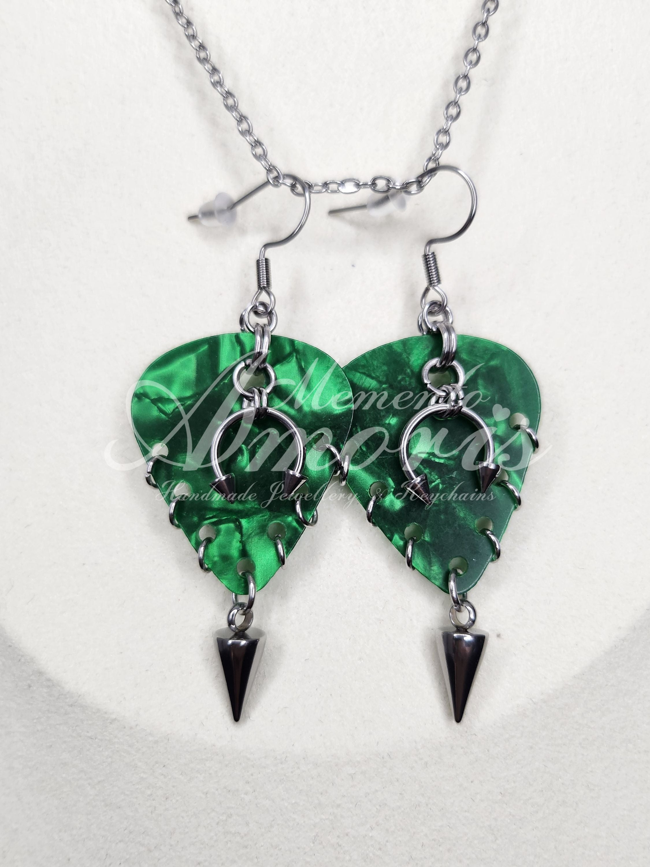 Plectrum Earrings 'Pierced and spiked' in green, silver
