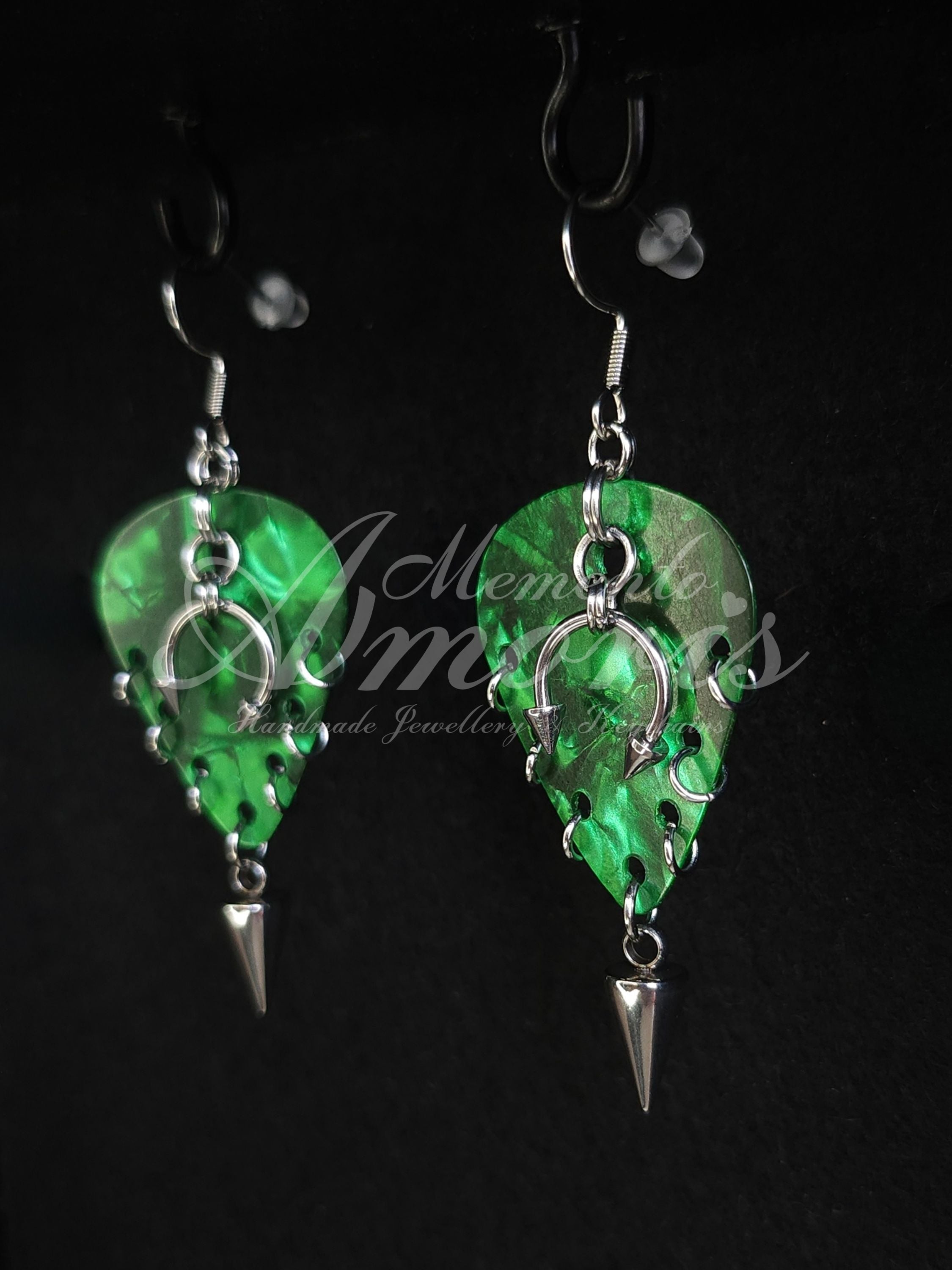 Plectrum Earrings 'Pierced and spiked' in green, silver