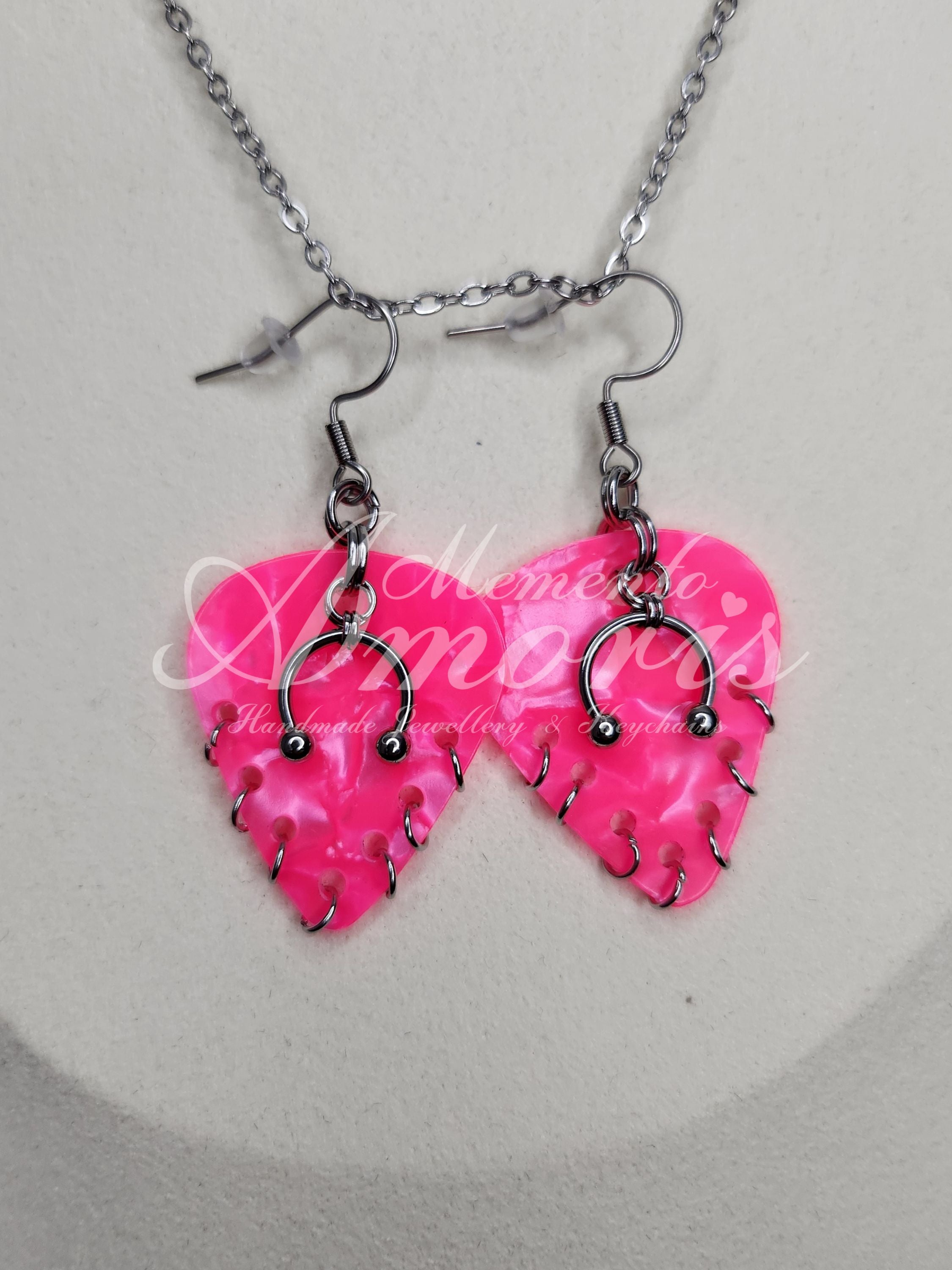 Plectrum Earrings 'Pierced x7' in neon pink, silver