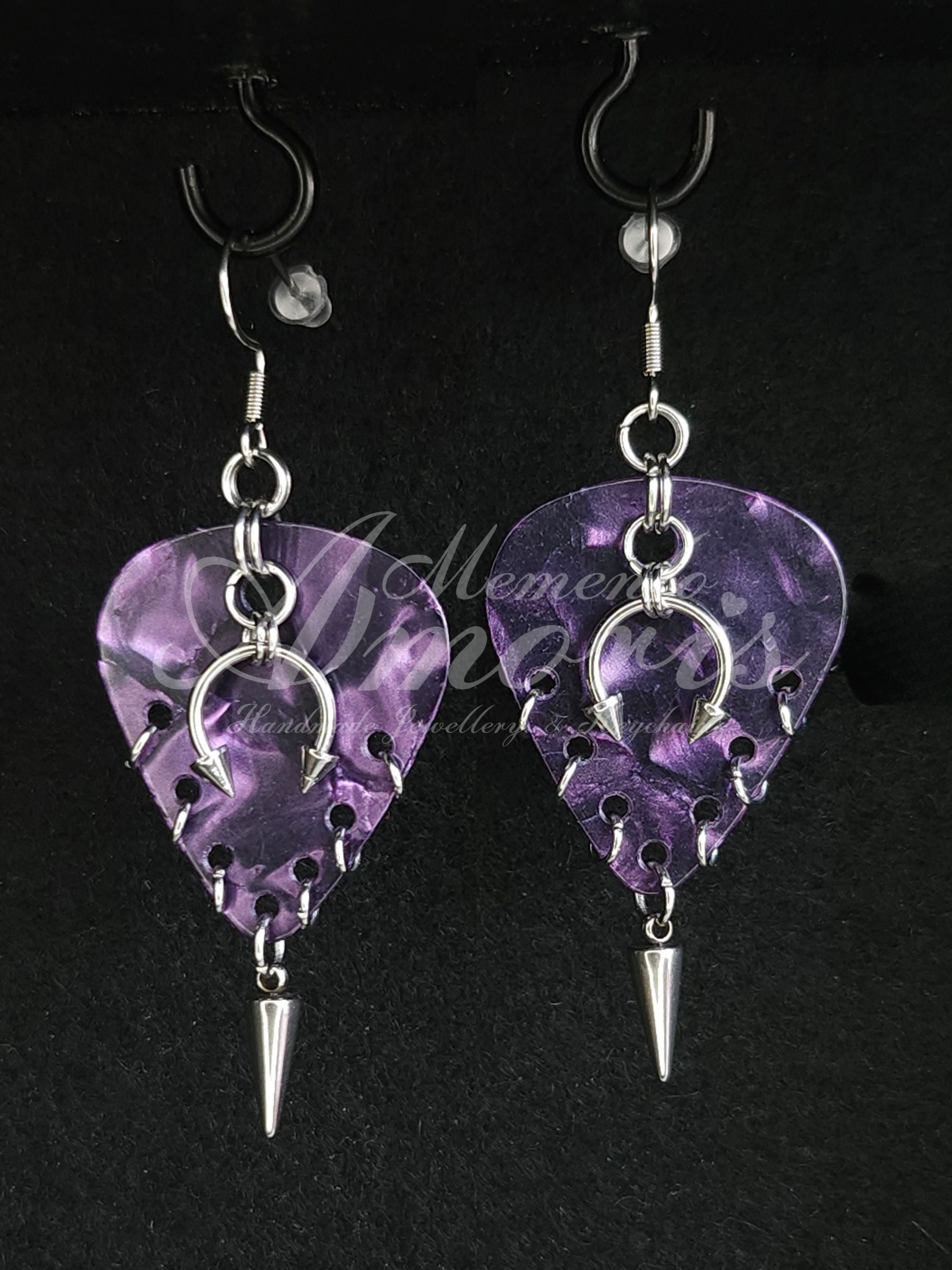 Plectrum Earrings 'Pierced and spiked' in purple, silver