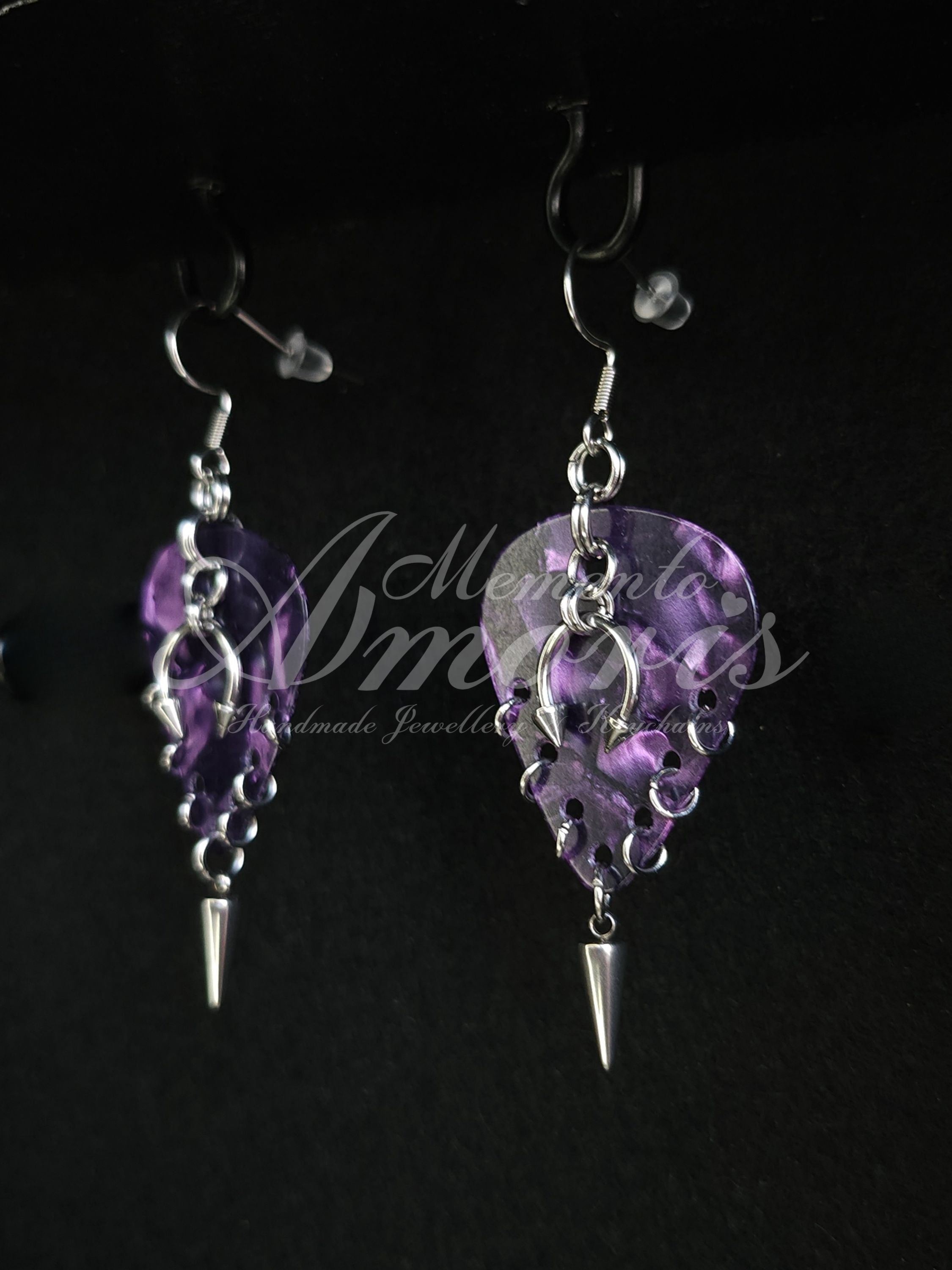 Plectrum Earrings 'Pierced and spiked' in purple, silver