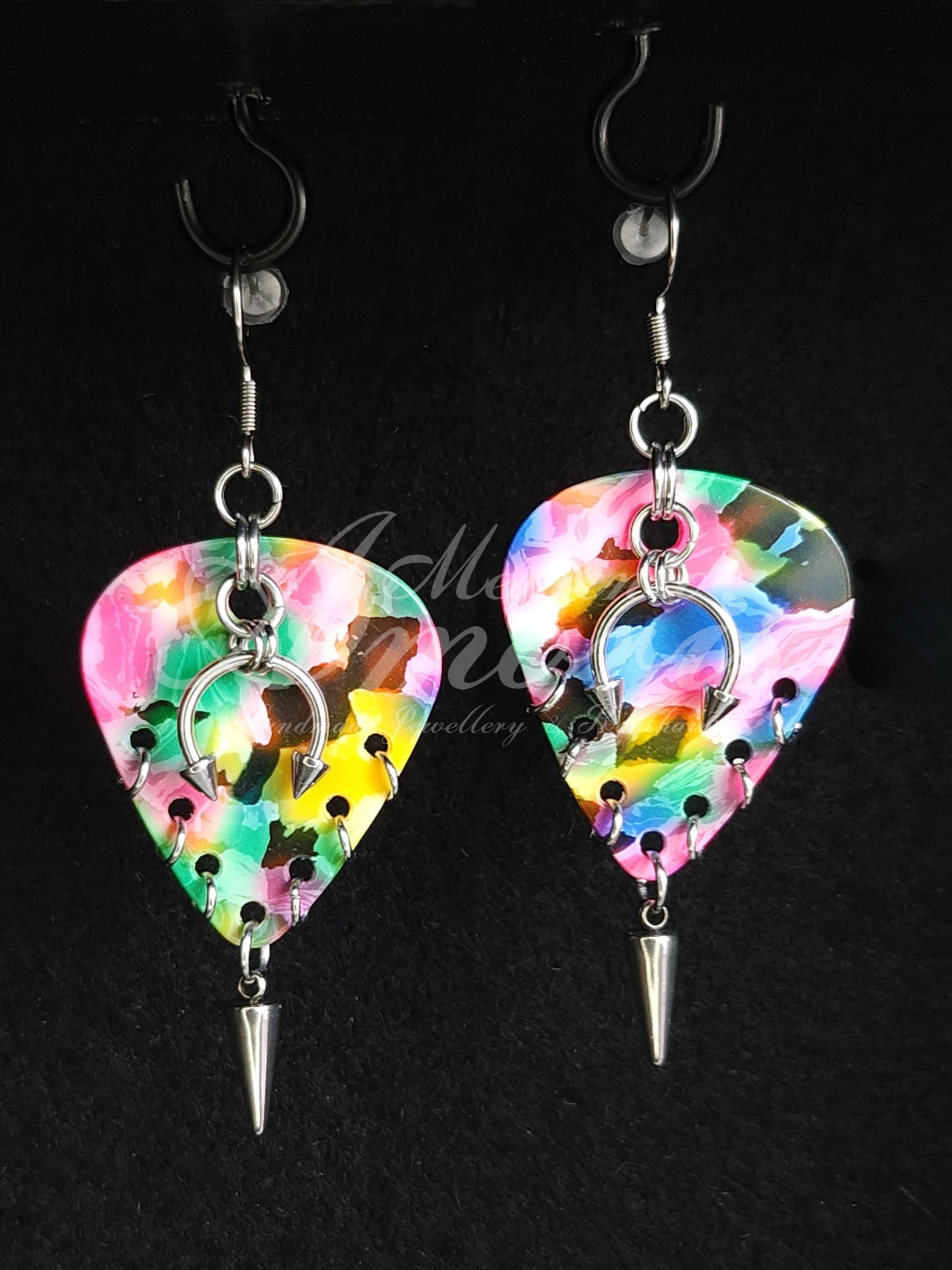Plectrum Earrings 'Pierced and spiked' in rainbow, silver