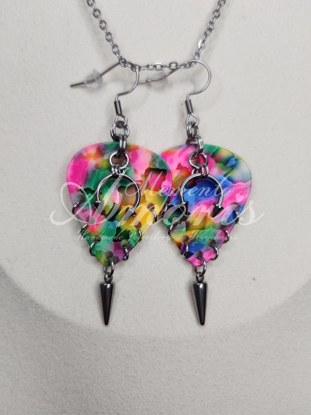 Plectrum Earrings 'Pierced and spiked' in rainbow, silver