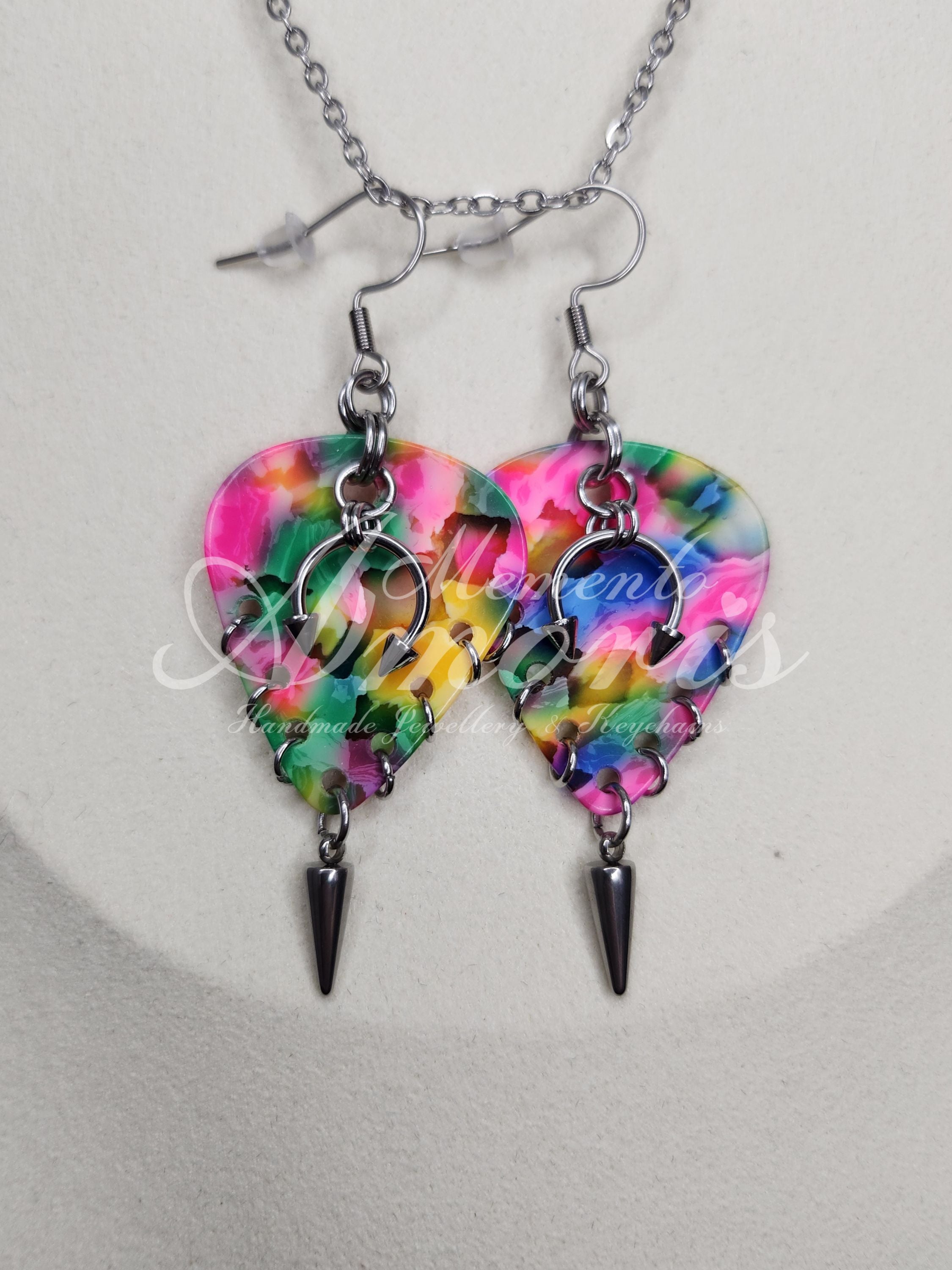 Plectrum Earrings 'Pierced and spiked' in rainbow, silver