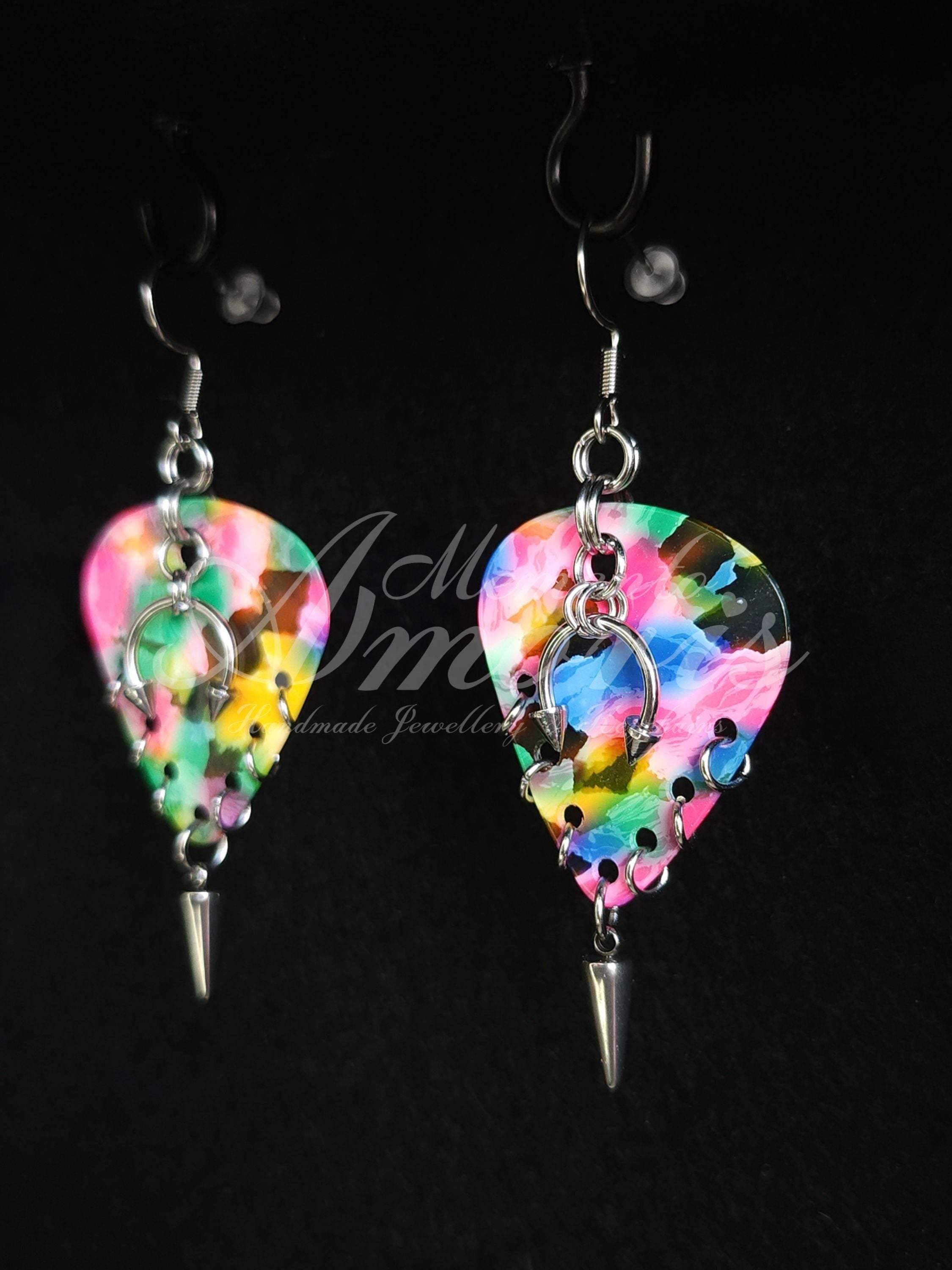 Plectrum Earrings 'Pierced and spiked' in rainbow, silver