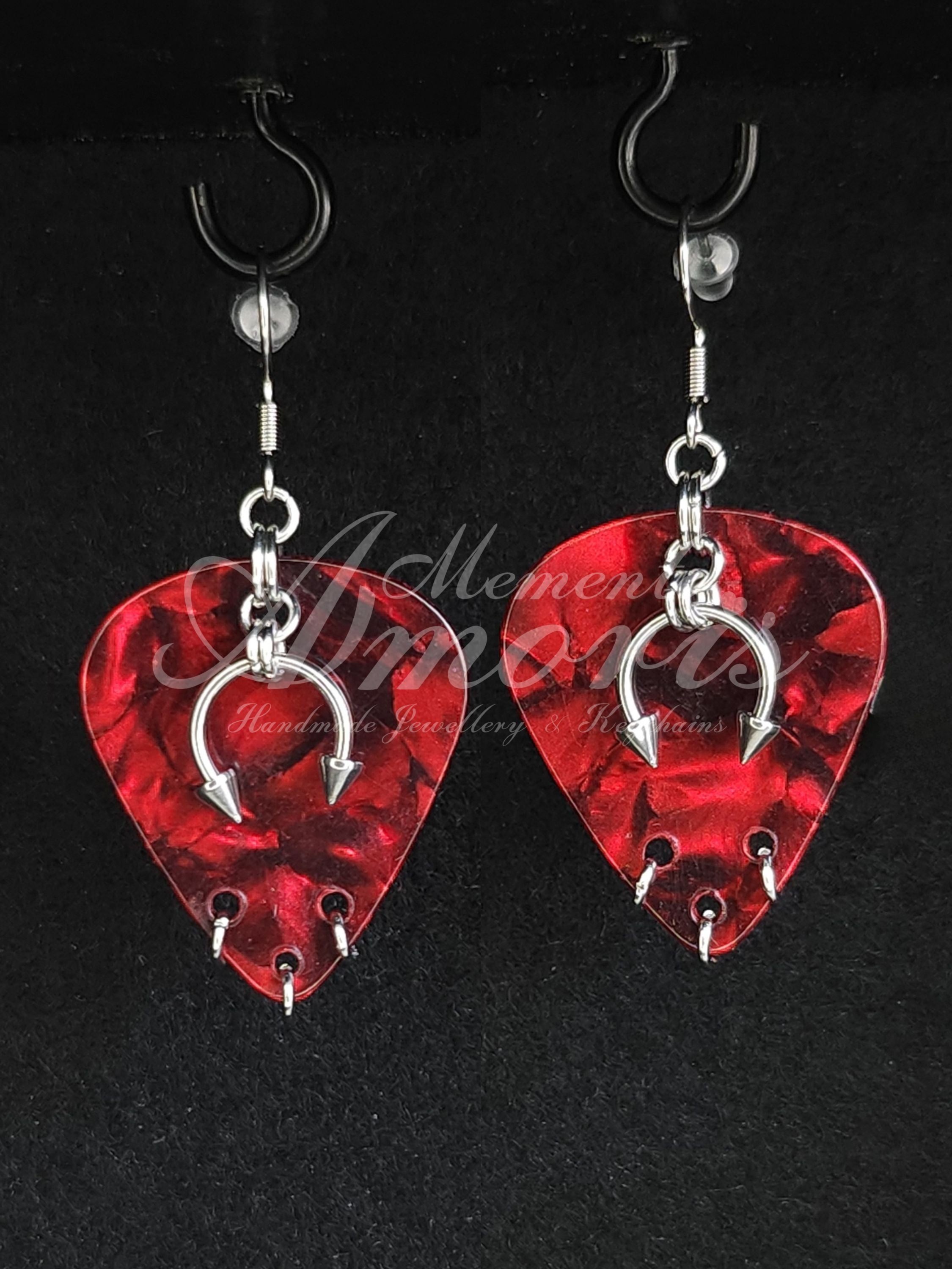 Plectrum Earrings 'Pierced x3' in red, silver