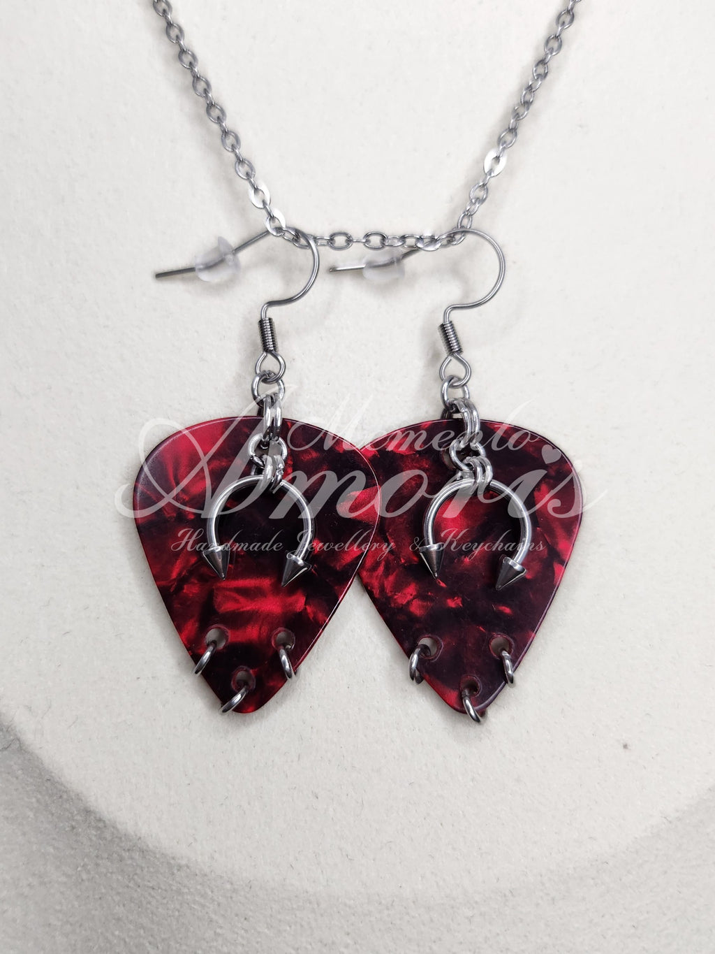 Plectrum Earrings 'Pierced x3' in red, silver