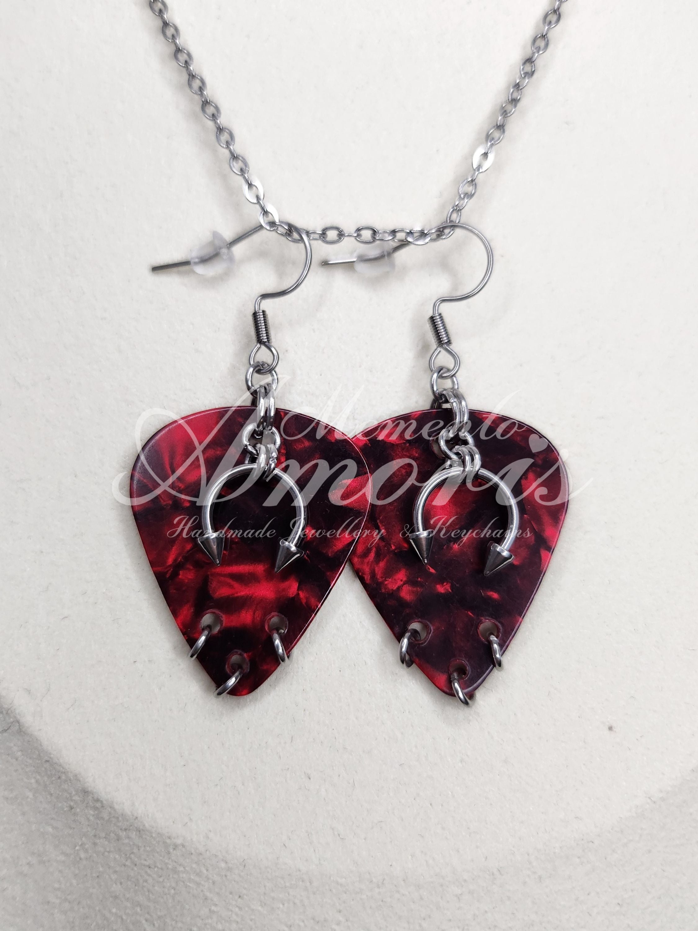 Plectrum Earrings 'Pierced x3' in red, silver