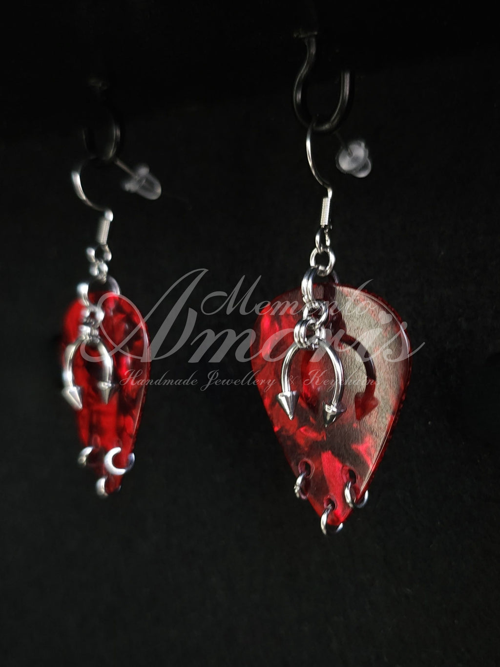 Plectrum Earrings 'Pierced x3' in red, silver