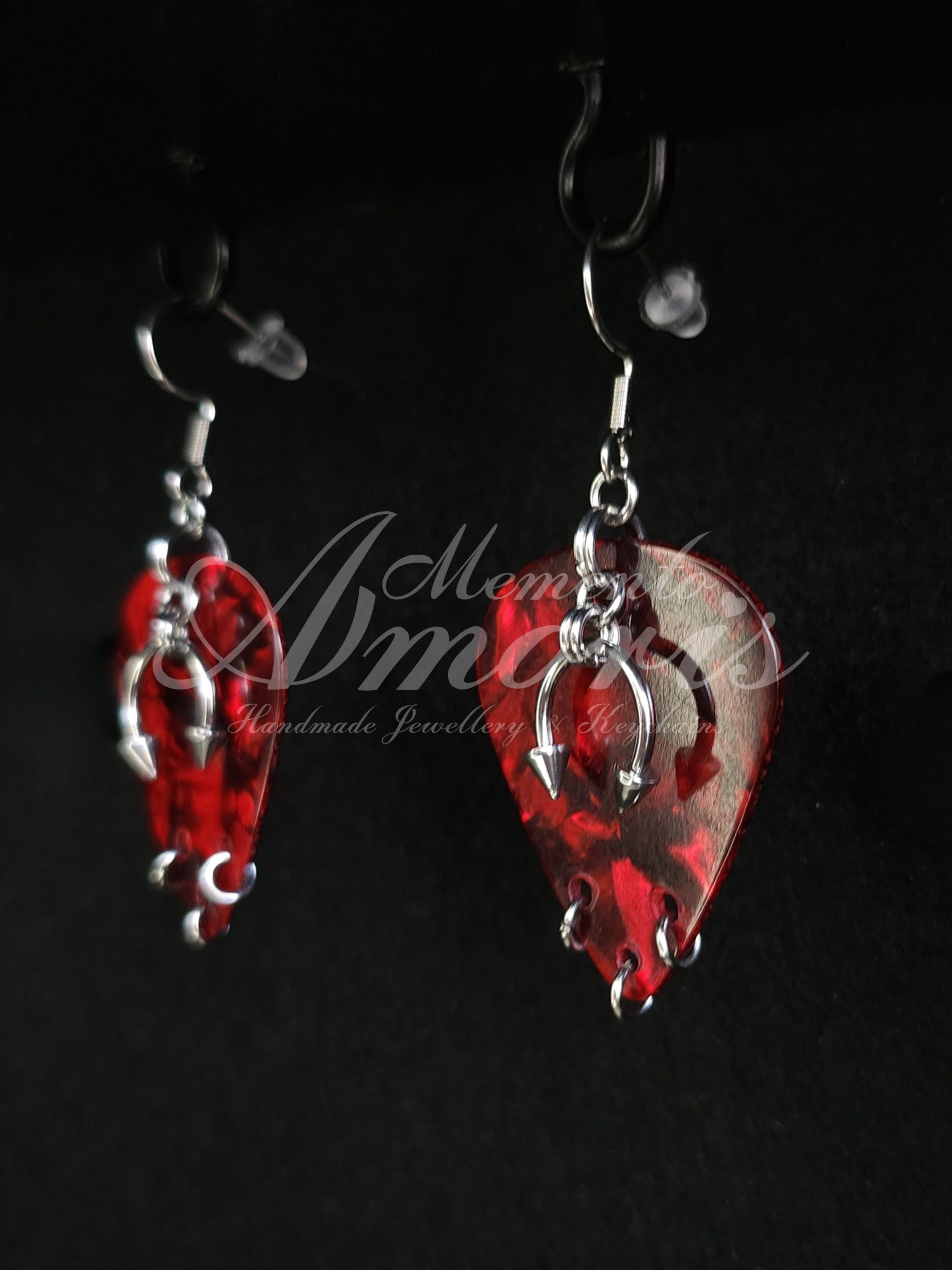 Plectrum Earrings 'Pierced x3' in red, silver