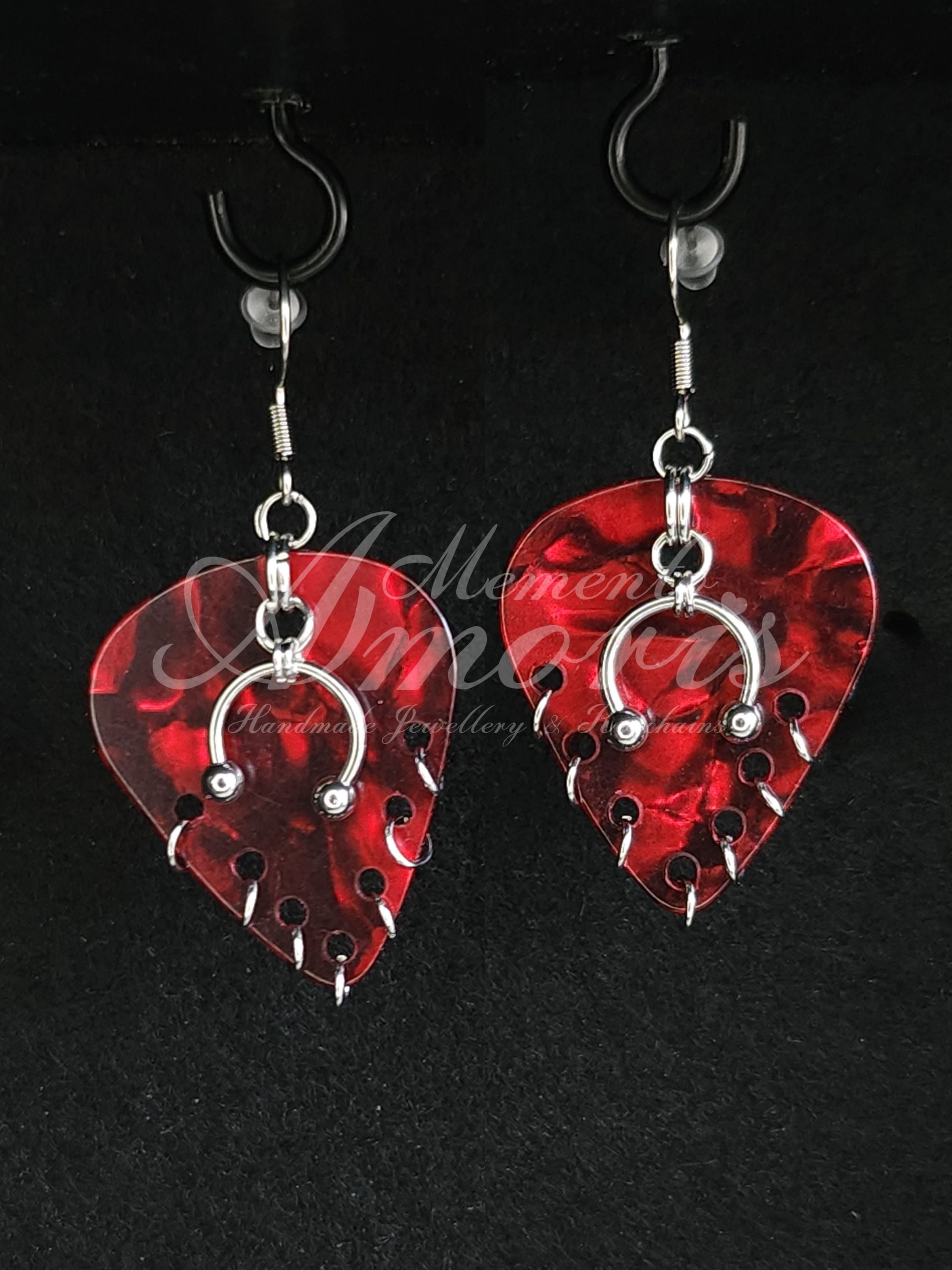 Plectrum Earrings 'Pierced x7' in red, silver